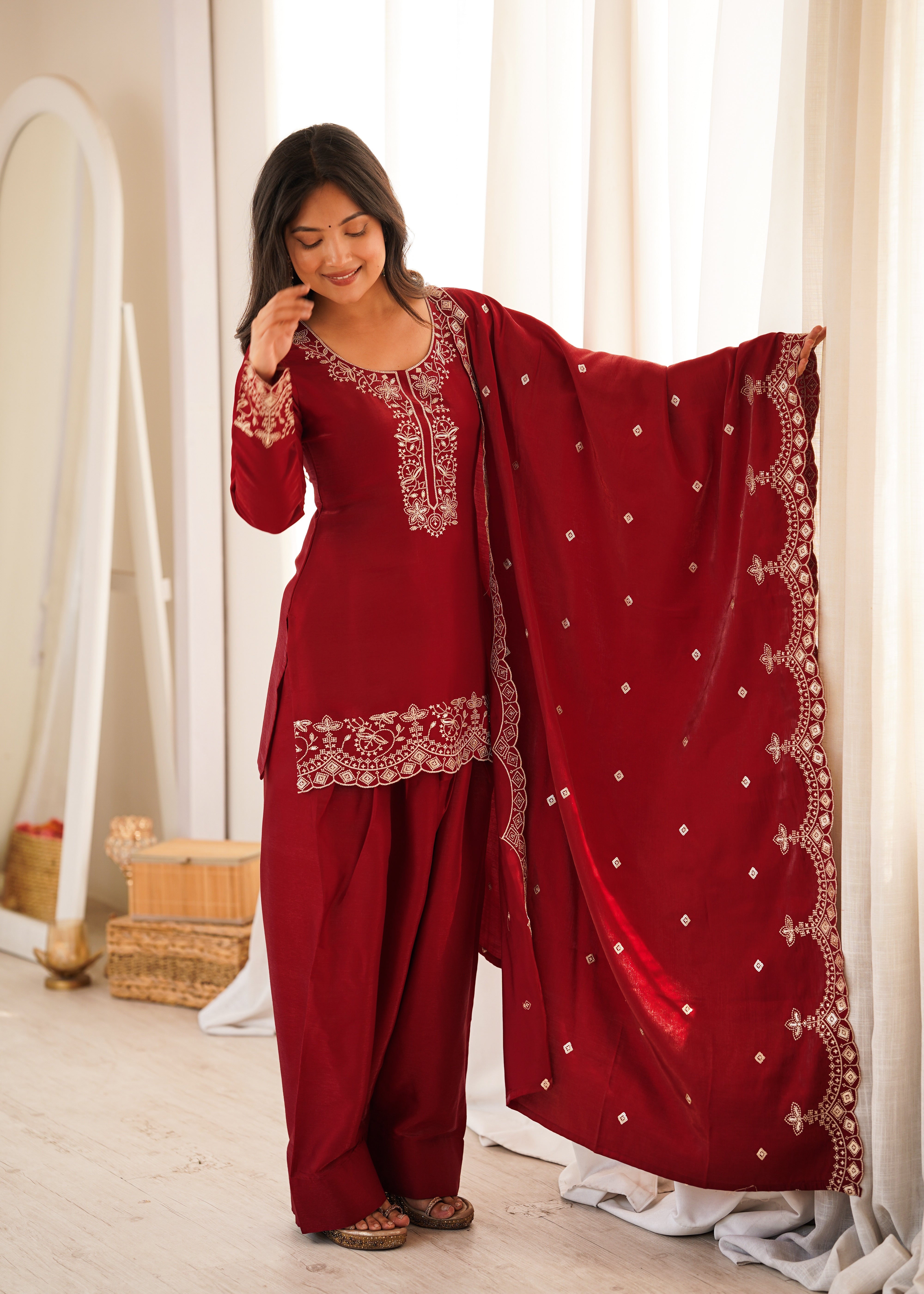 Glass Roman Silk Embroidered Kurta Set with Farshi Shalwar and Dupatta