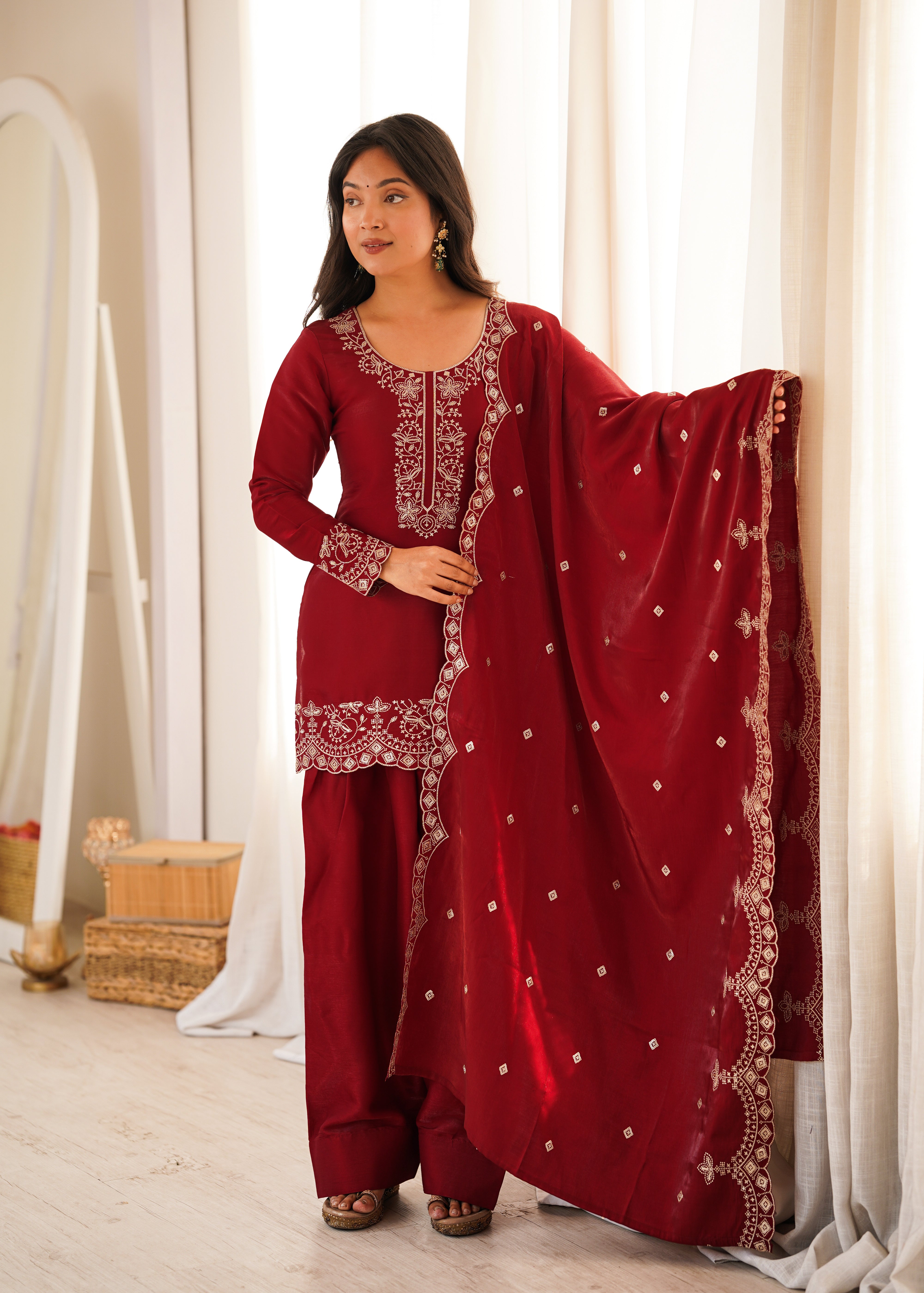 Glass Roman Silk Embroidered Kurta Set with Farshi Shalwar and Dupatta