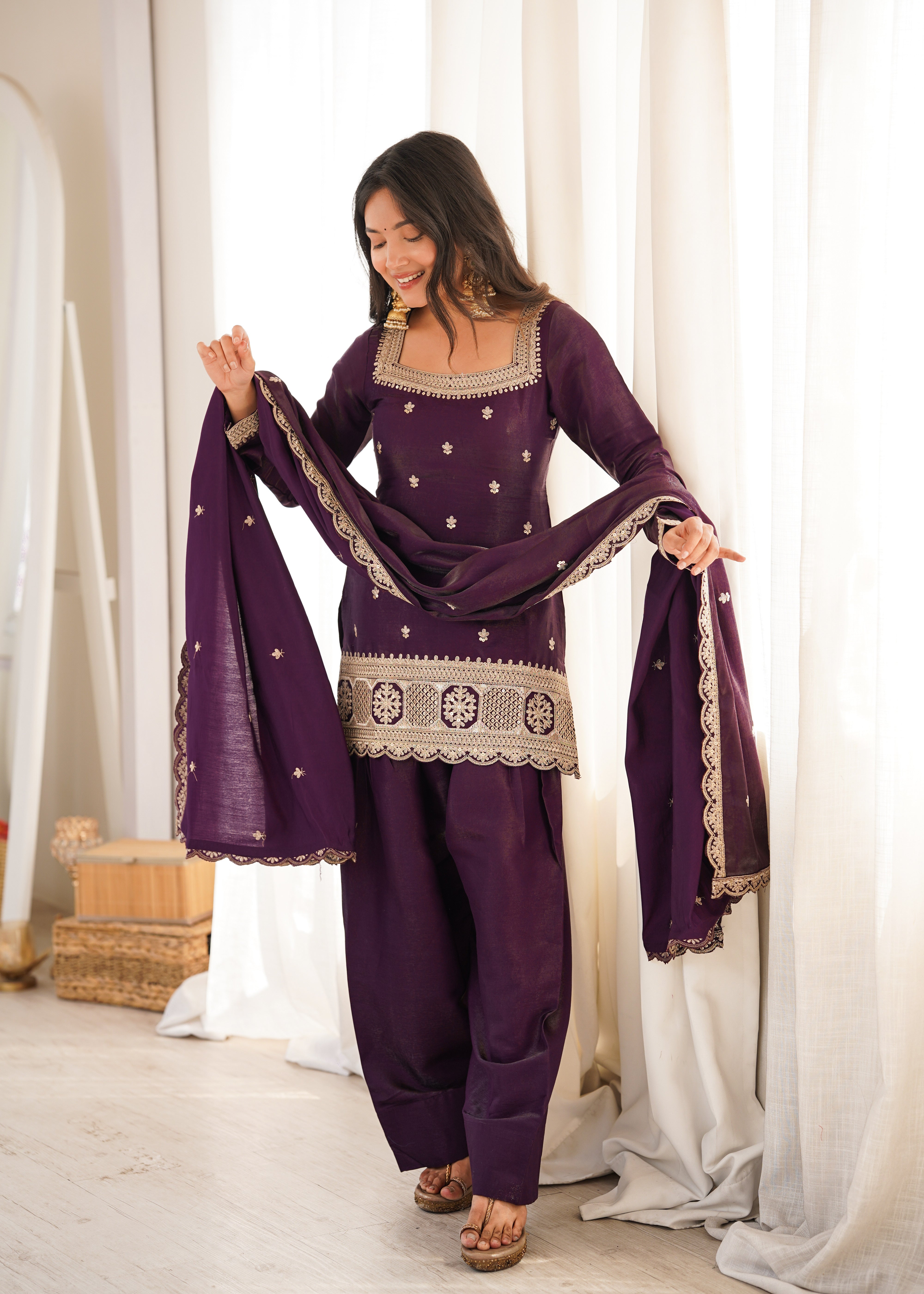 Glass Roman Silk Embroidered Kurta Set with Farshi Shalwar and Dupatta