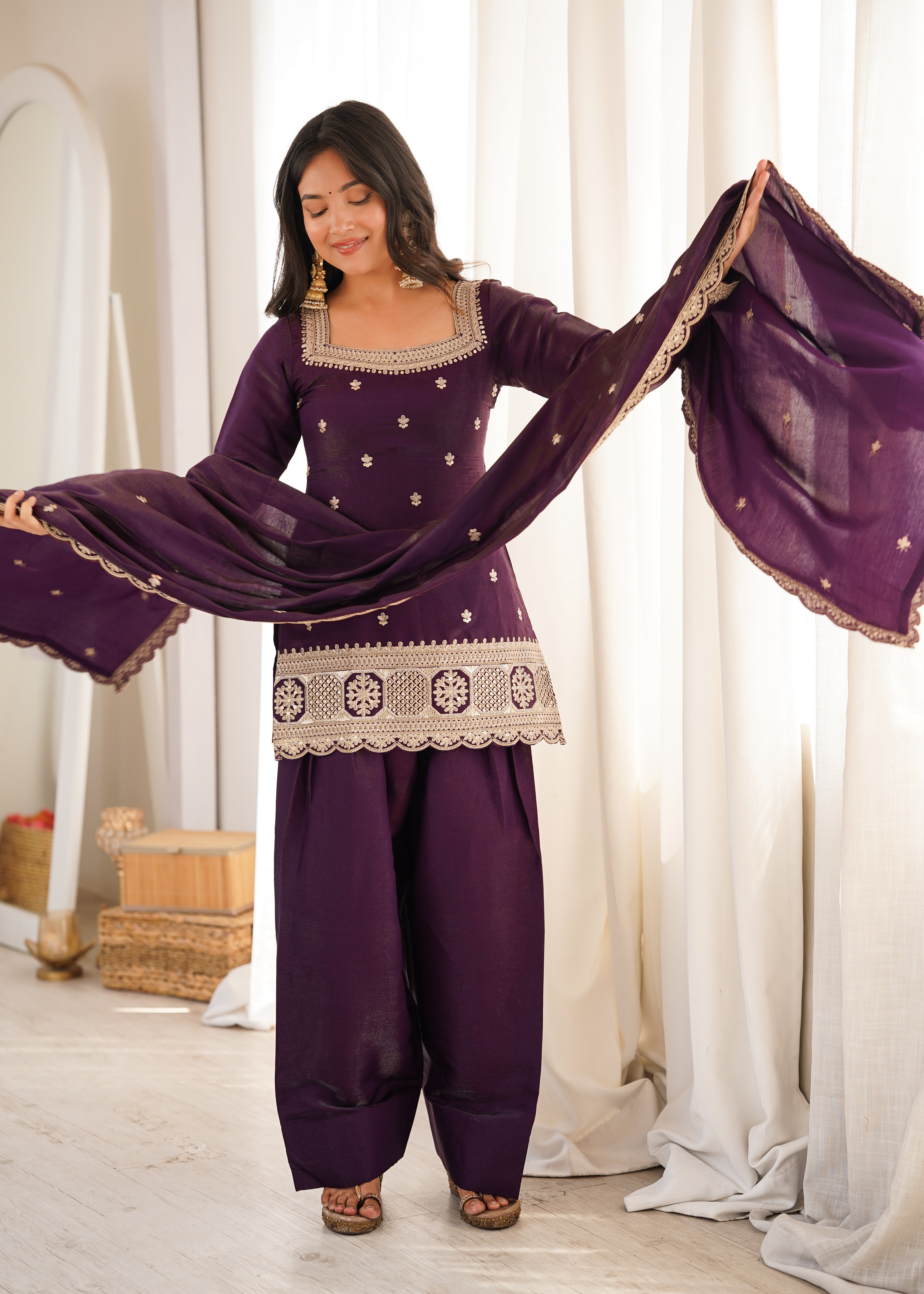 Glass Roman Silk Embroidered Kurta Set with Farshi Shalwar and Dupatta