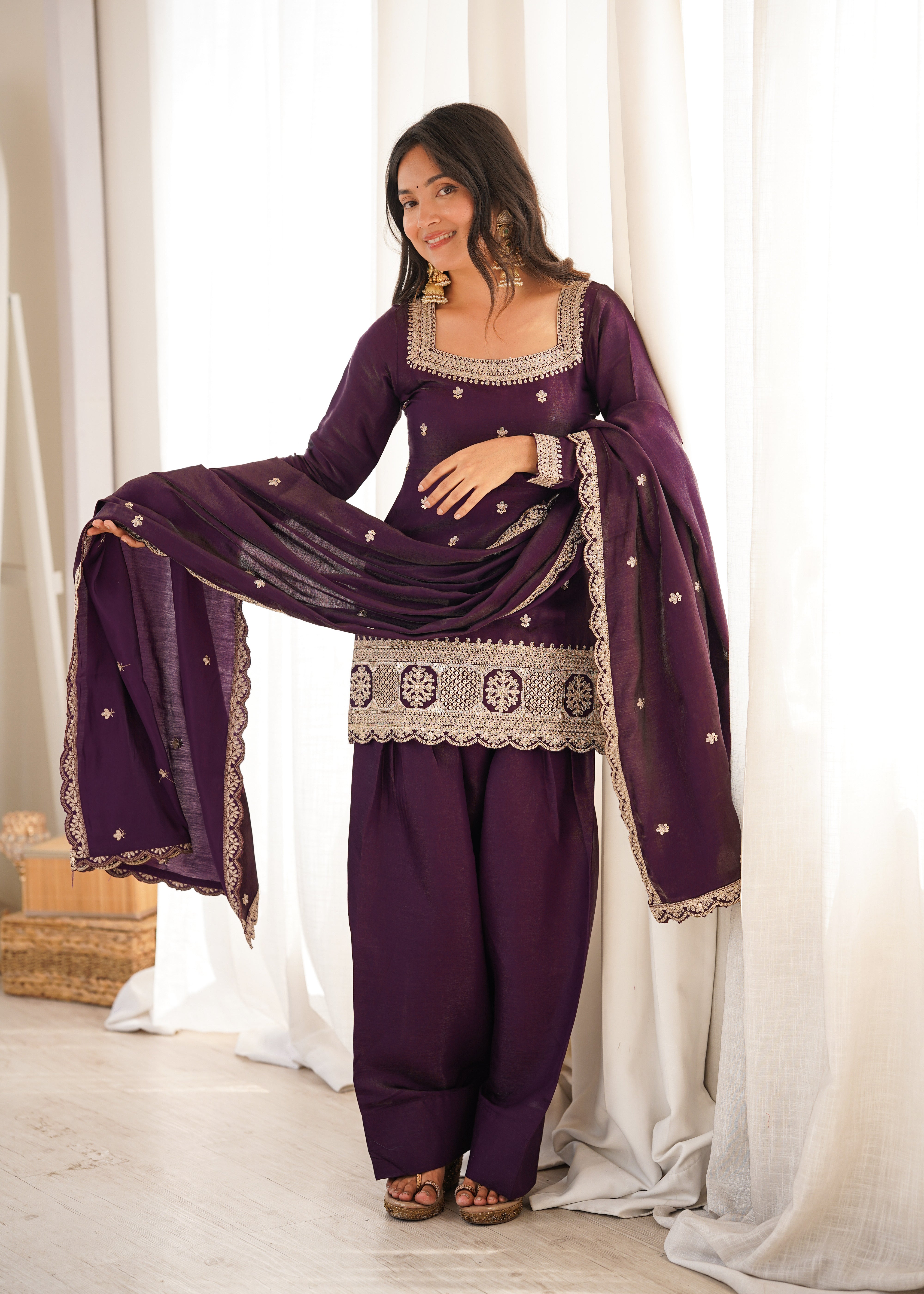 Glass Roman Silk Embroidered Kurta Set with Farshi Shalwar and Dupatta