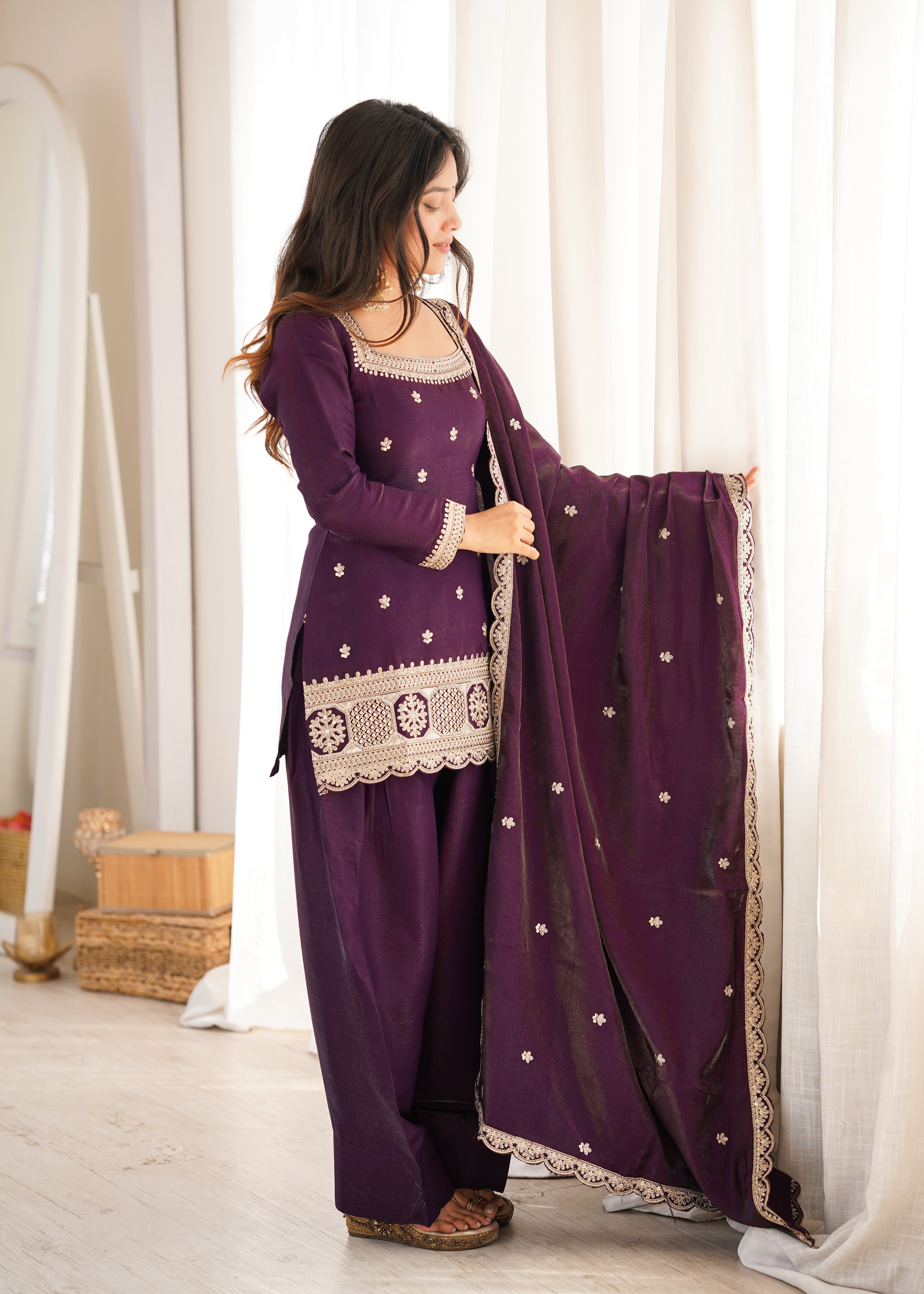 Glass Roman Silk Embroidered Kurta Set with Farshi Shalwar and Dupatta