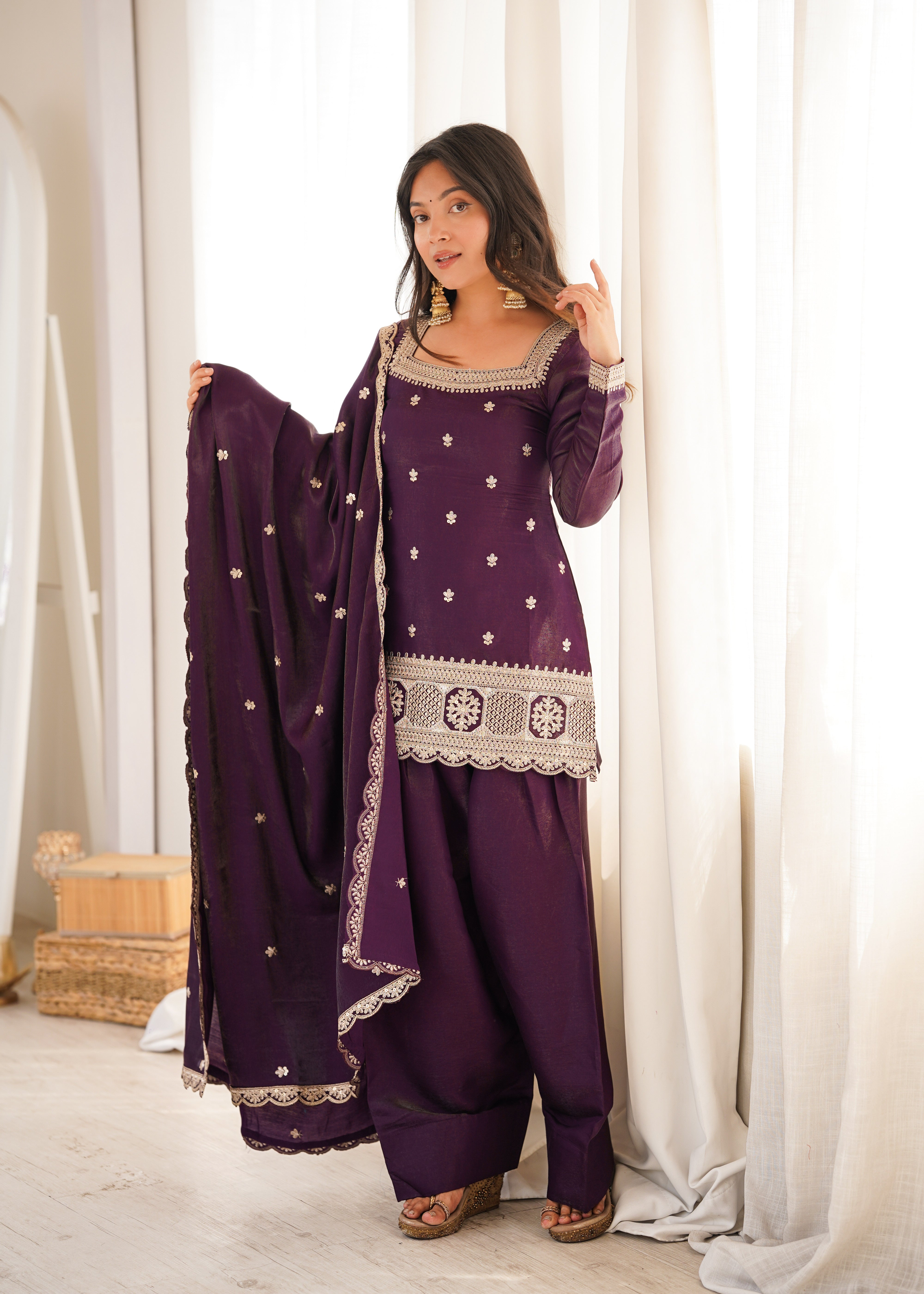 Glass Roman Silk Embroidered Kurta Set with Farshi Shalwar and Dupatta