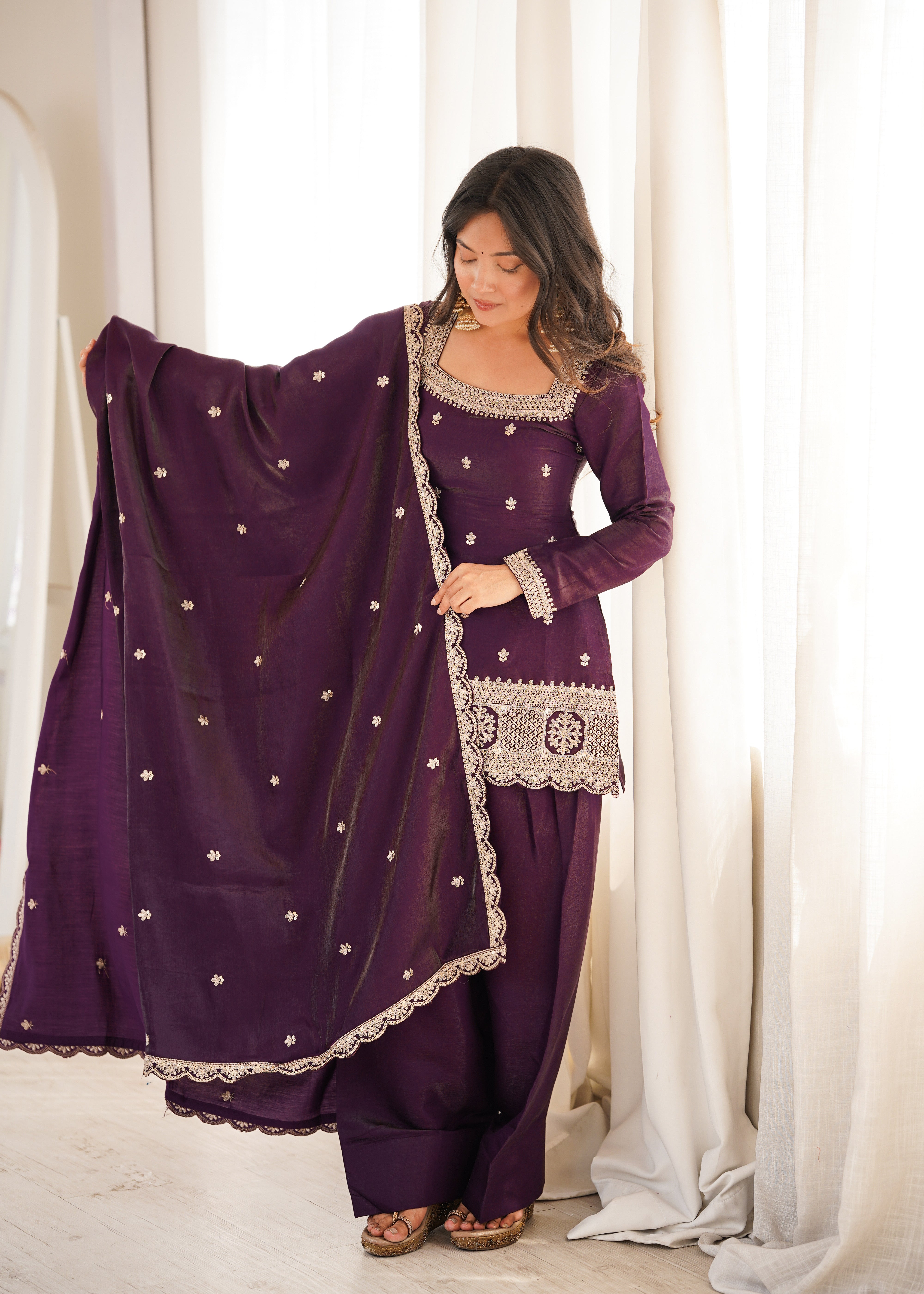 Glass Roman Silk Embroidered Kurta Set with Farshi Shalwar and Dupatta