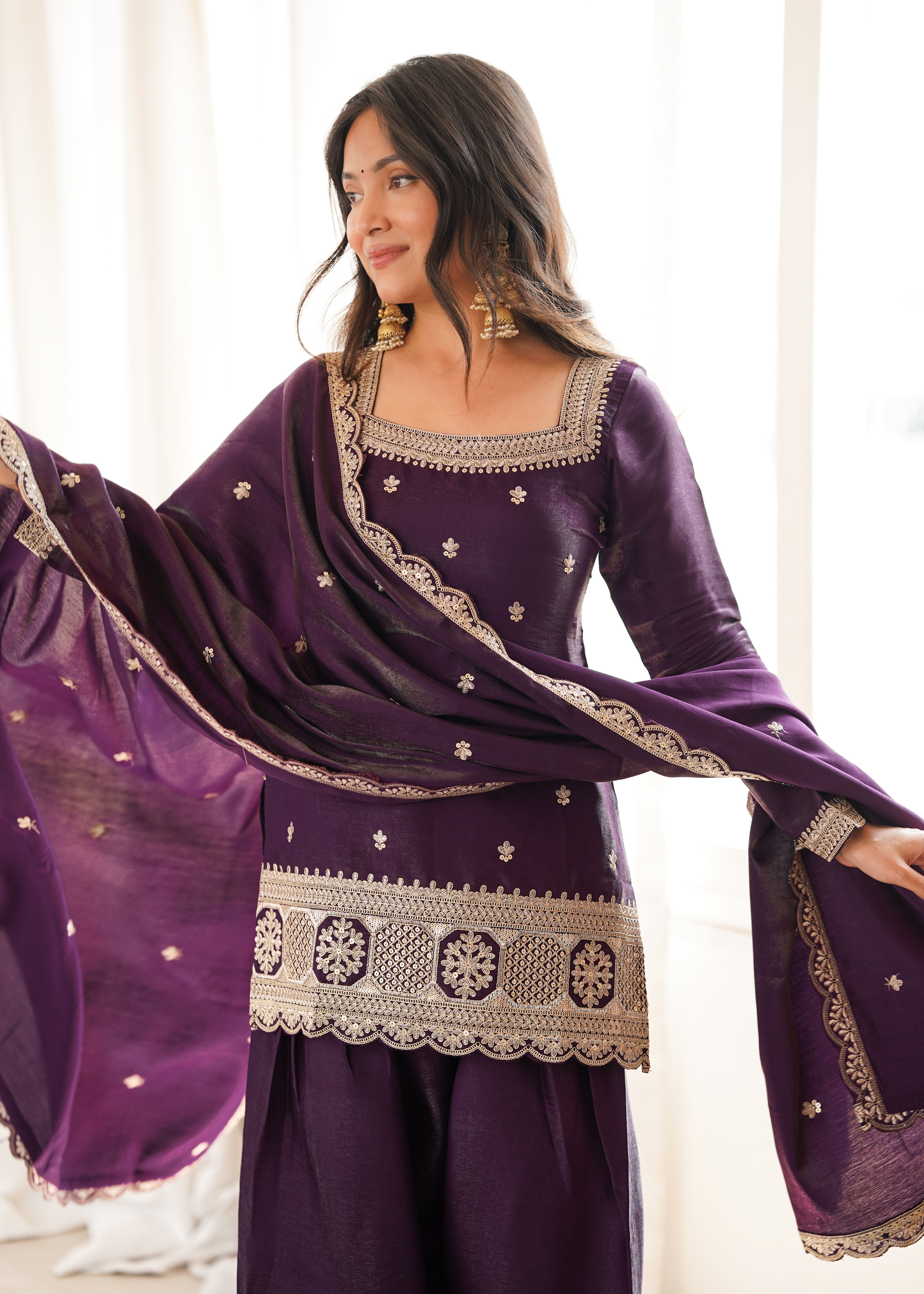 Glass Roman Silk Embroidered Kurta Set with Farshi Shalwar and Dupatta