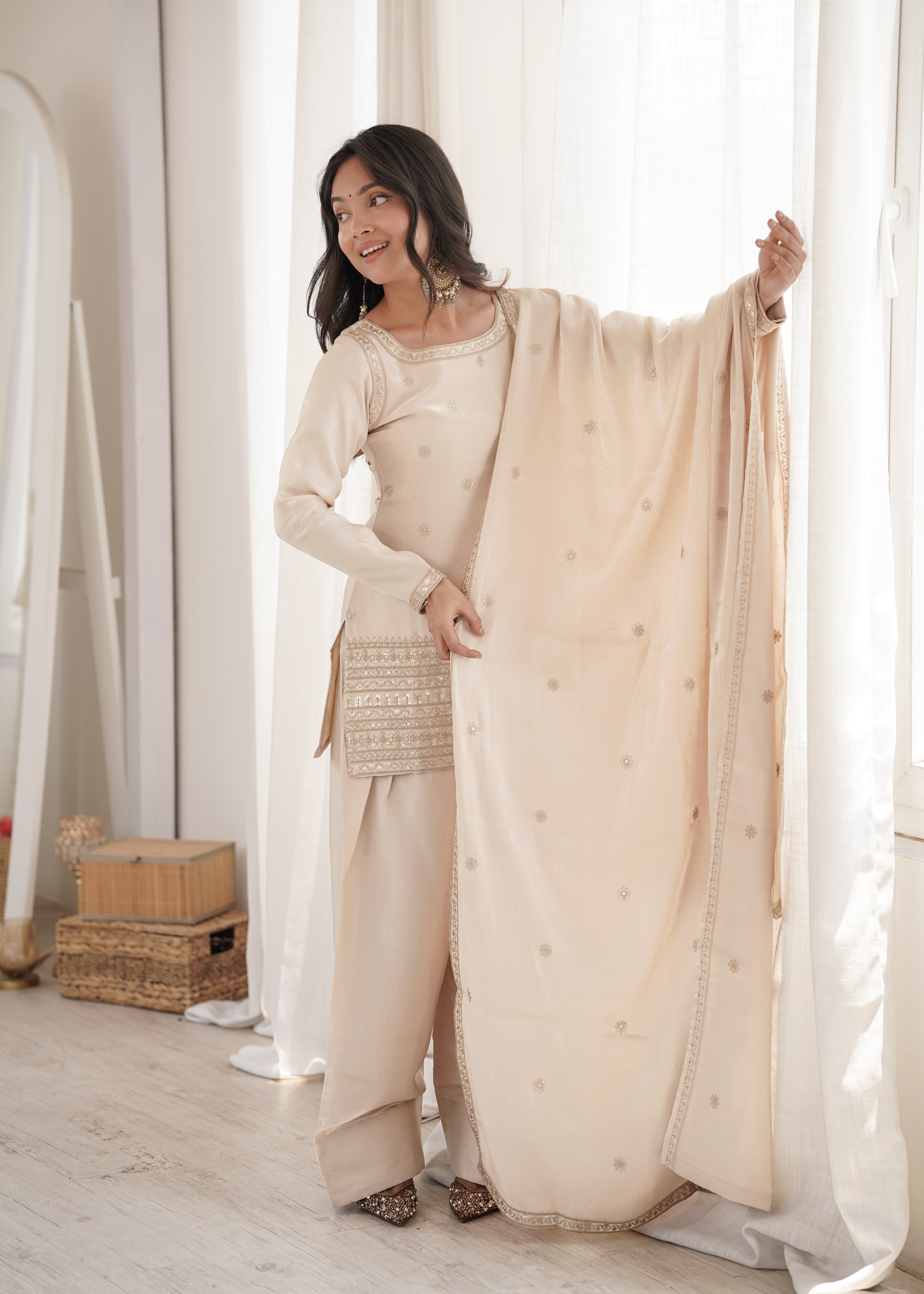 Embroidered Glass Roman Silk Kurta Set with Farshi Shalwar and Dupatta