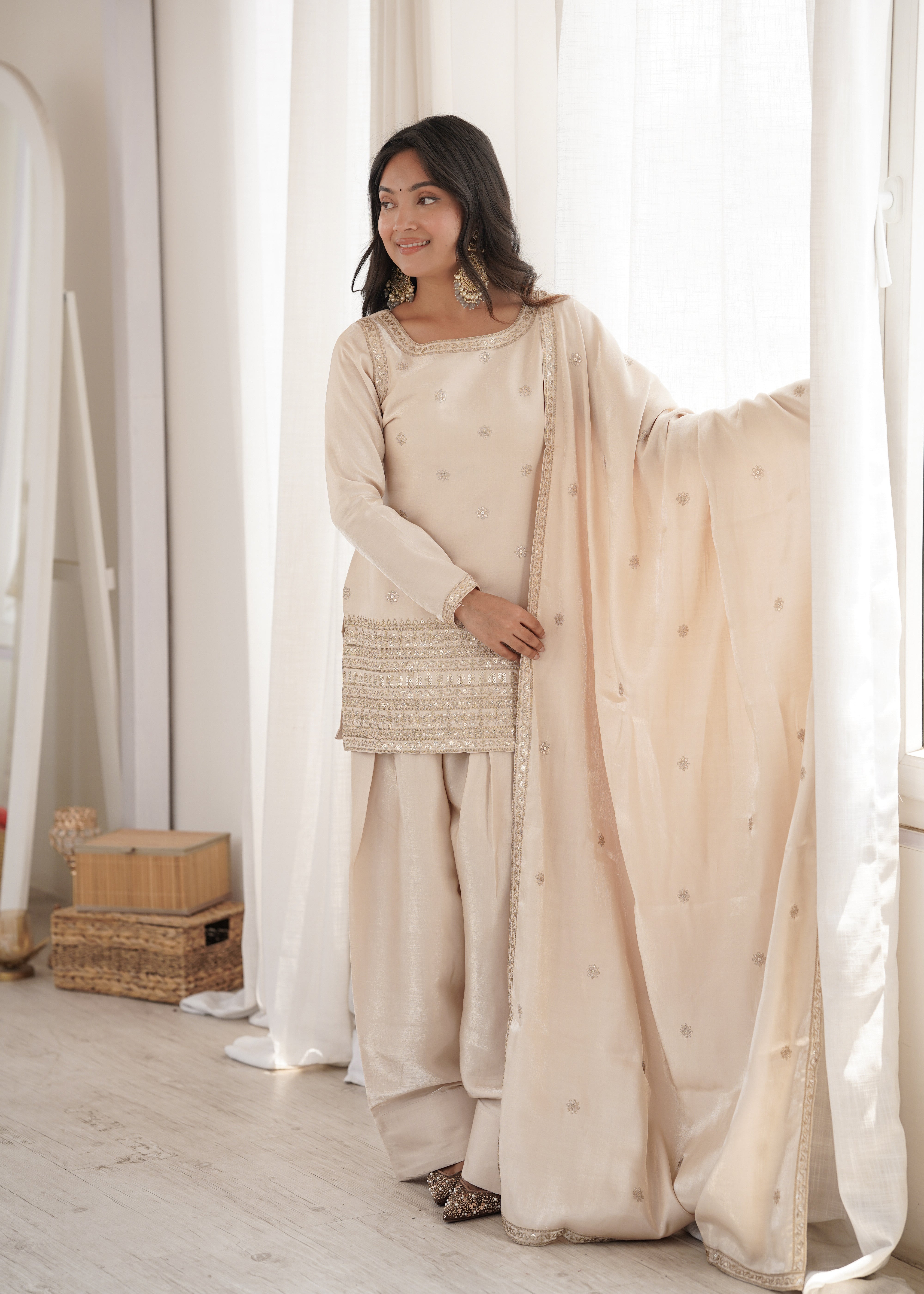 Embroidered Glass Roman Silk Kurta Set with Farshi Shalwar and Dupatta