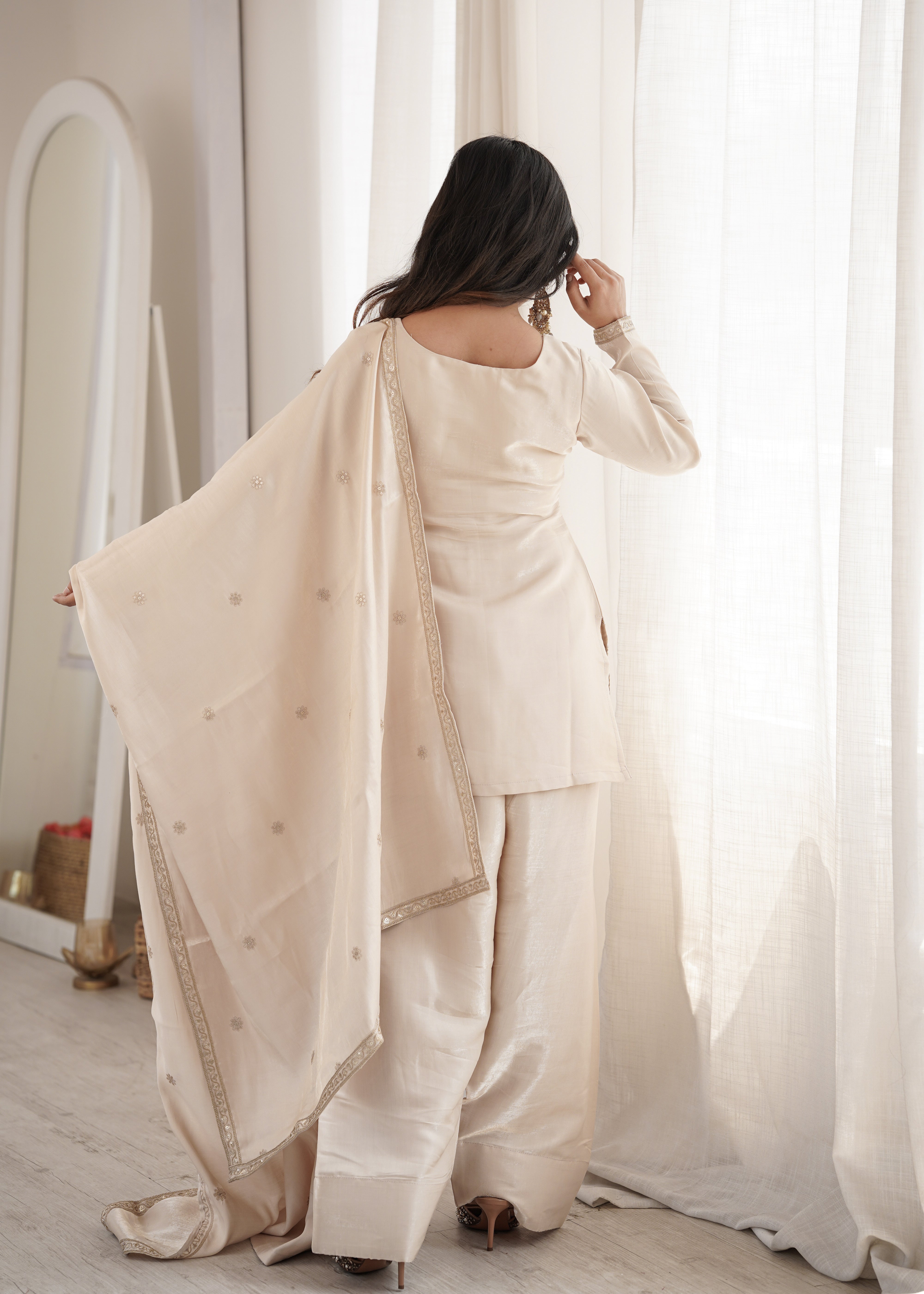 Embroidered Glass Roman Silk Kurta Set with Farshi Shalwar and Dupatta
