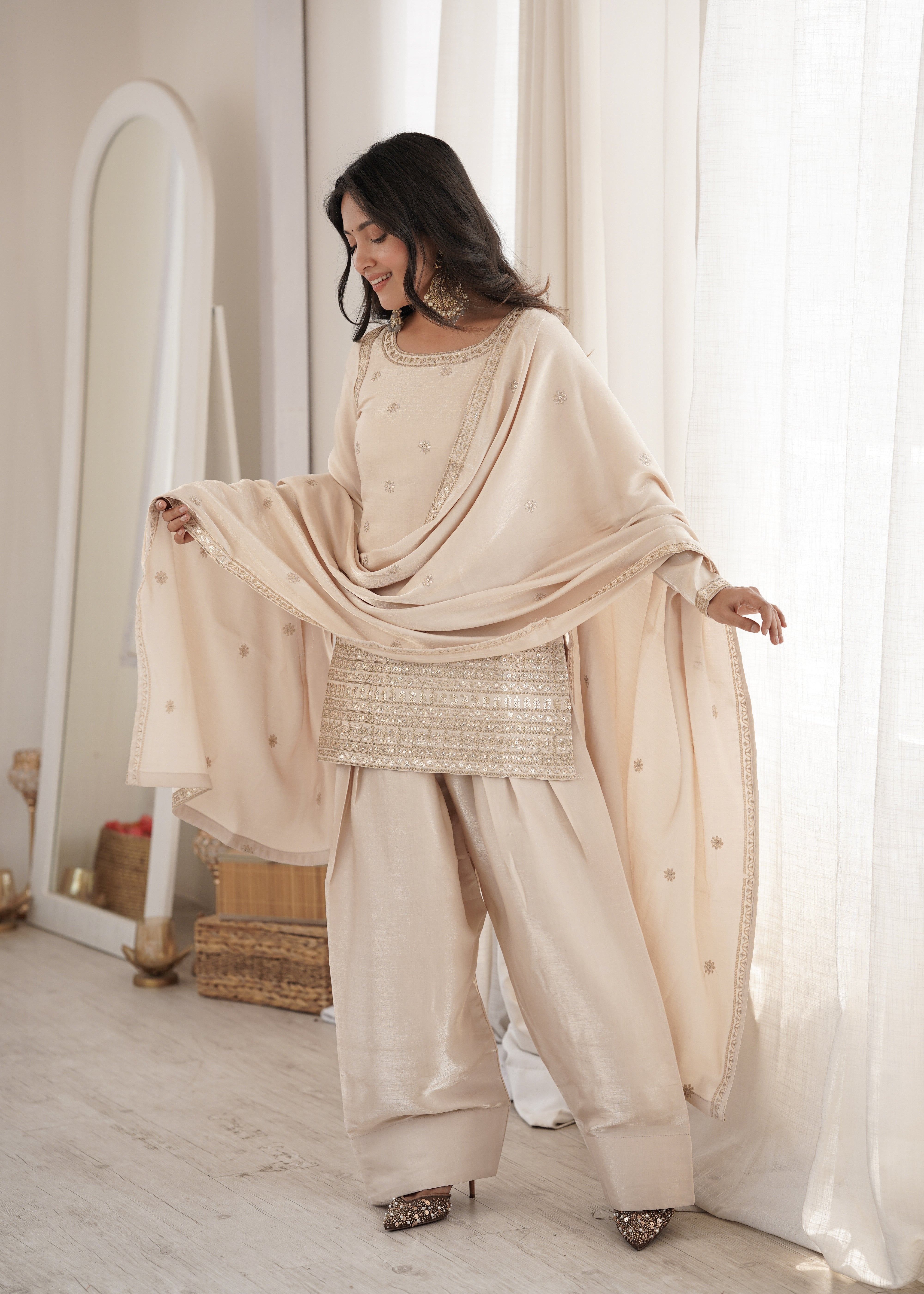 Embroidered Glass Roman Silk Kurta Set with Farshi Shalwar and Dupatta