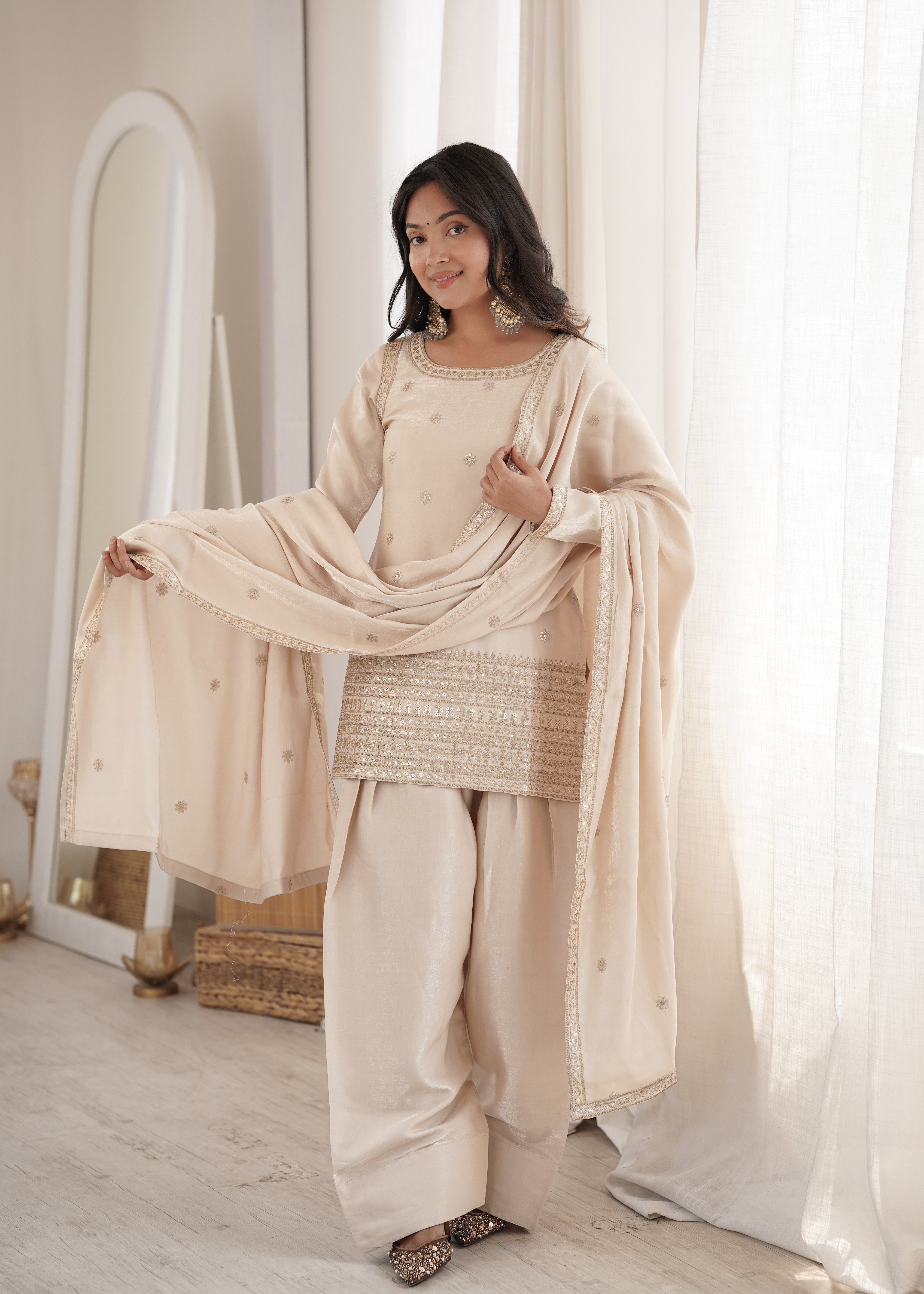 Embroidered Glass Roman Silk Kurta Set with Farshi Shalwar and Dupatta