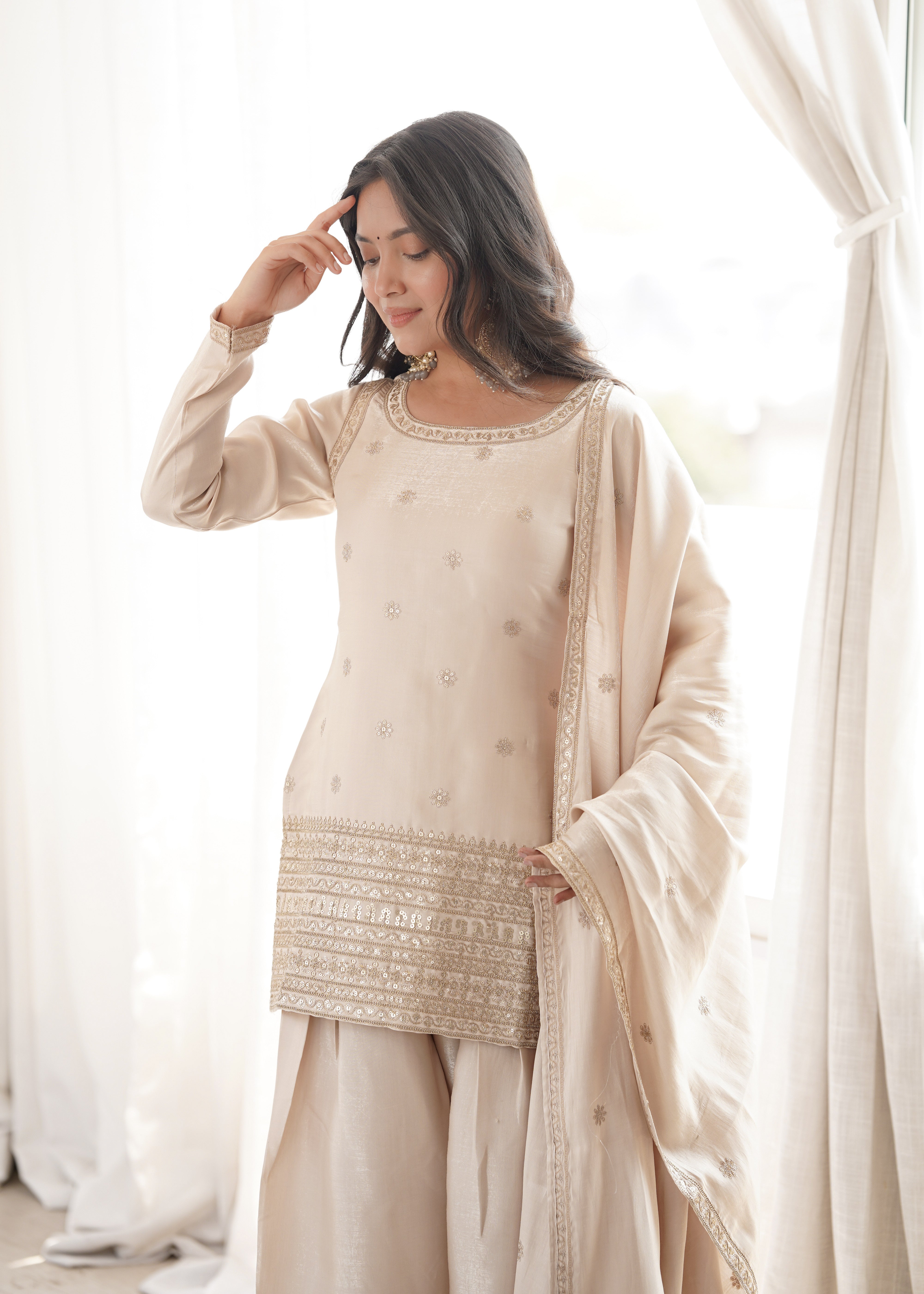 Embroidered Glass Roman Silk Kurta Set with Farshi Shalwar and Dupatta
