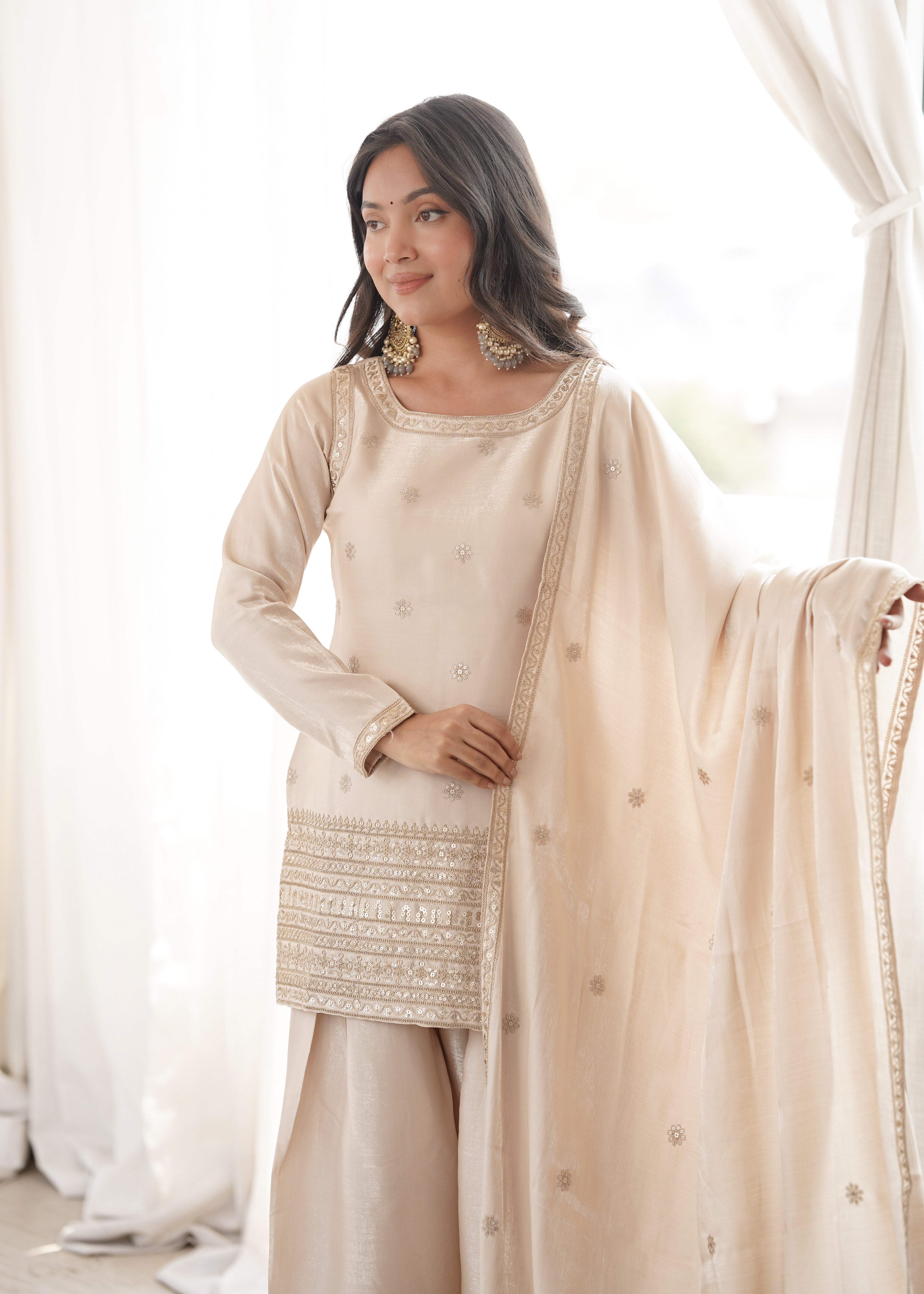 Embroidered Glass Roman Silk Kurta Set with Farshi Shalwar and Dupatta
