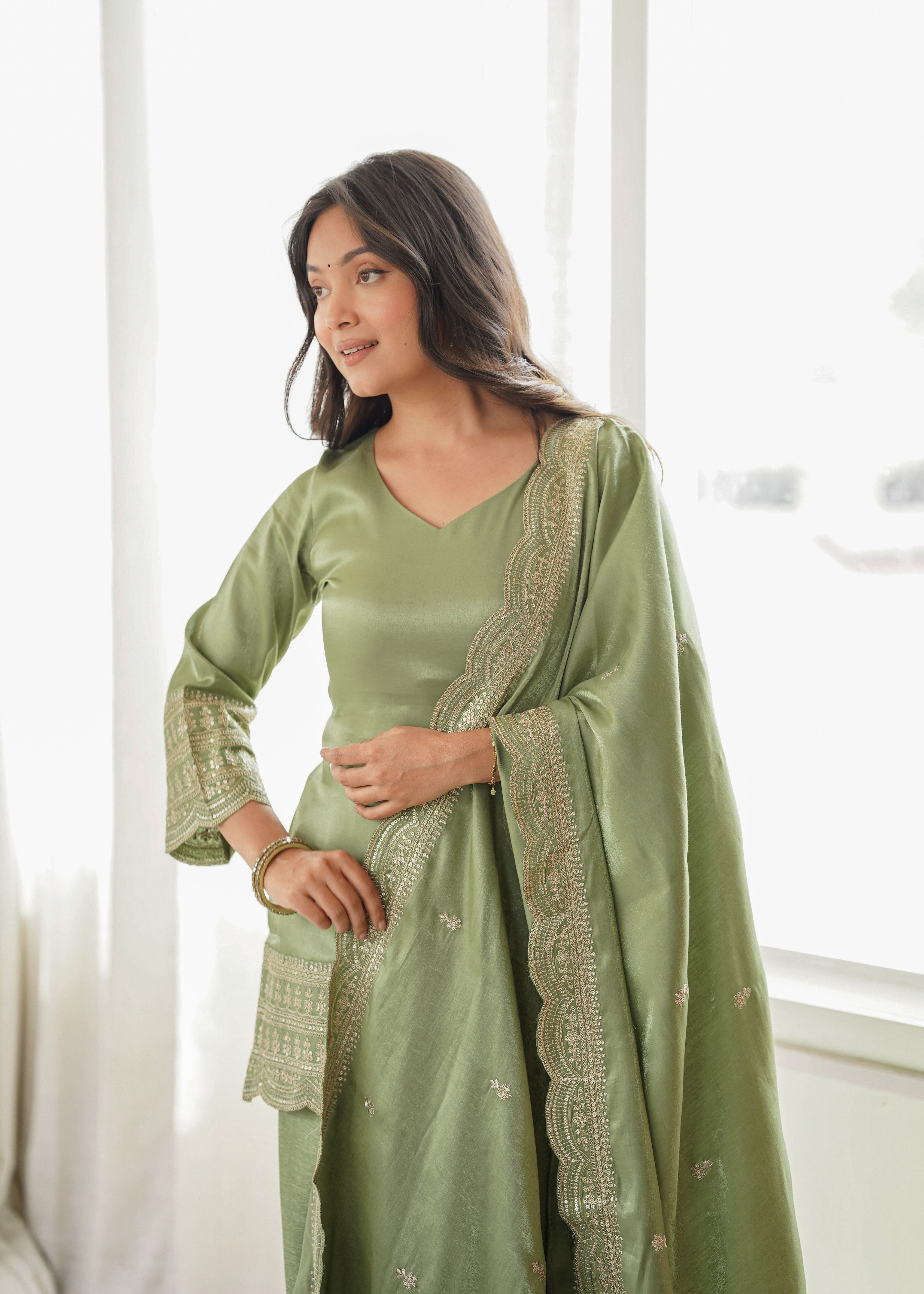 Women's Glass Roman Silk Embroidered Kurta Farshi Shalwar Set with Dupatta