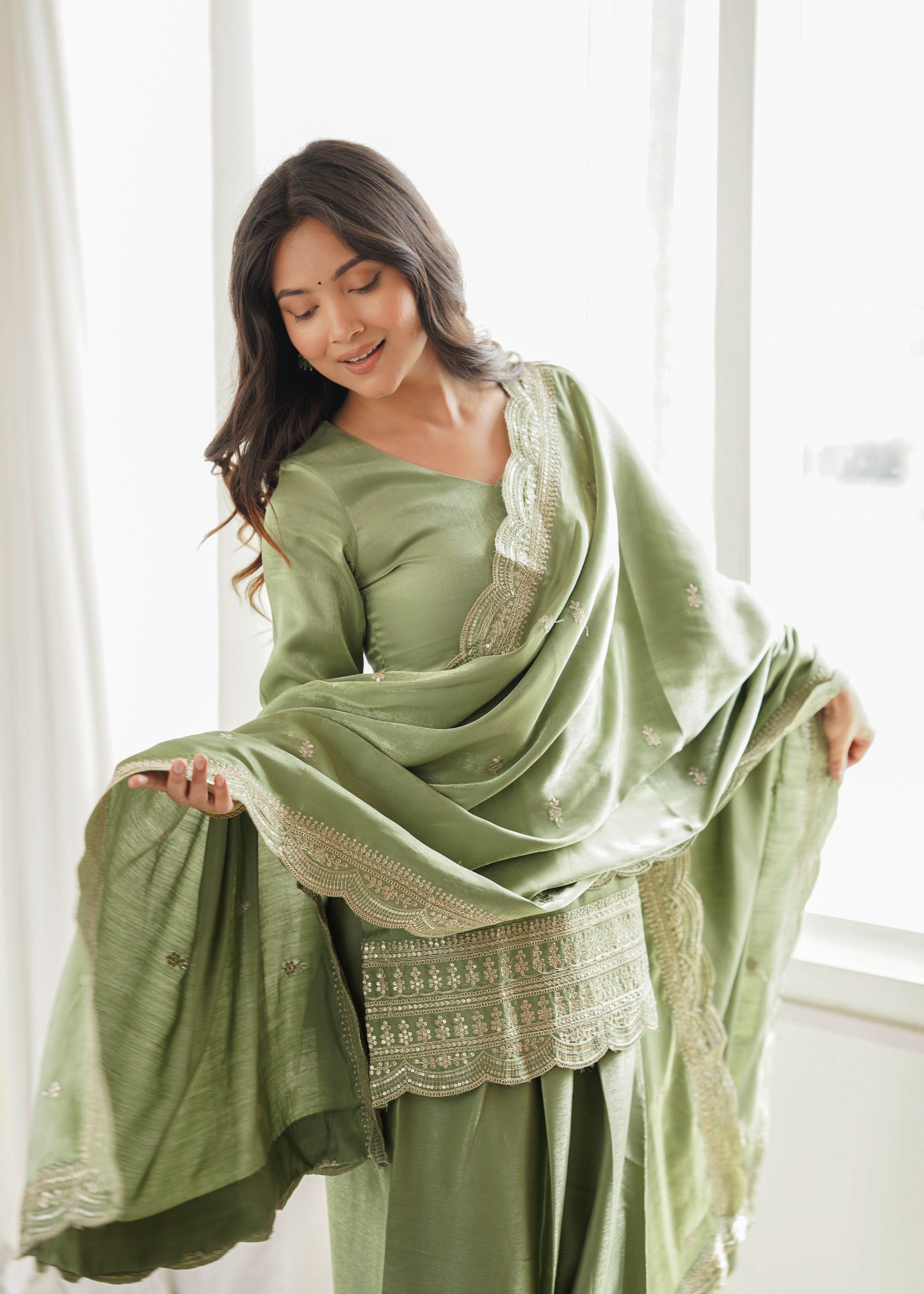 Women's Glass Roman Silk Embroidered Kurta Farshi Shalwar Set with Dupatta