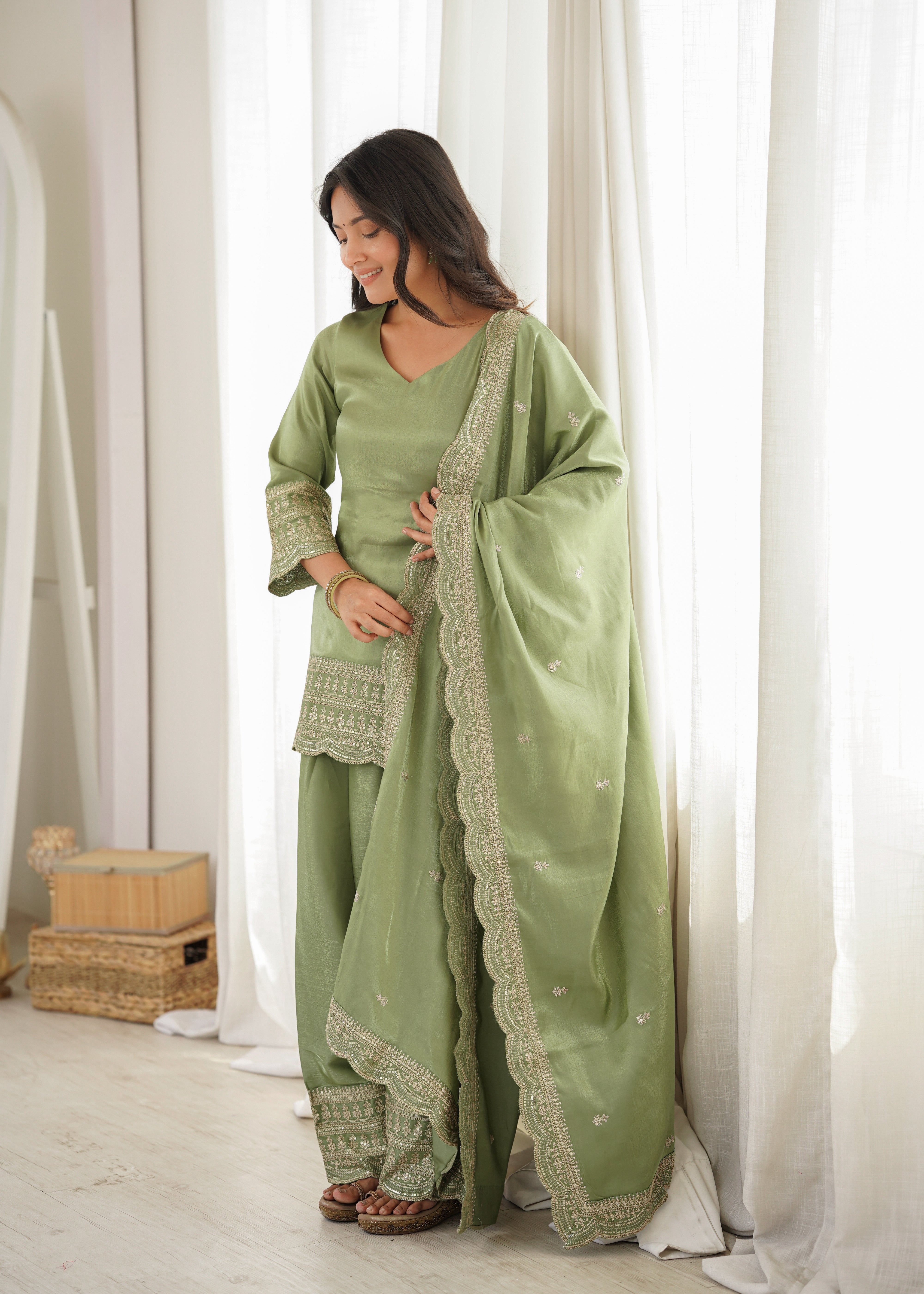 Women's Glass Roman Silk Embroidered Kurta Farshi Shalwar Set with Dupatta