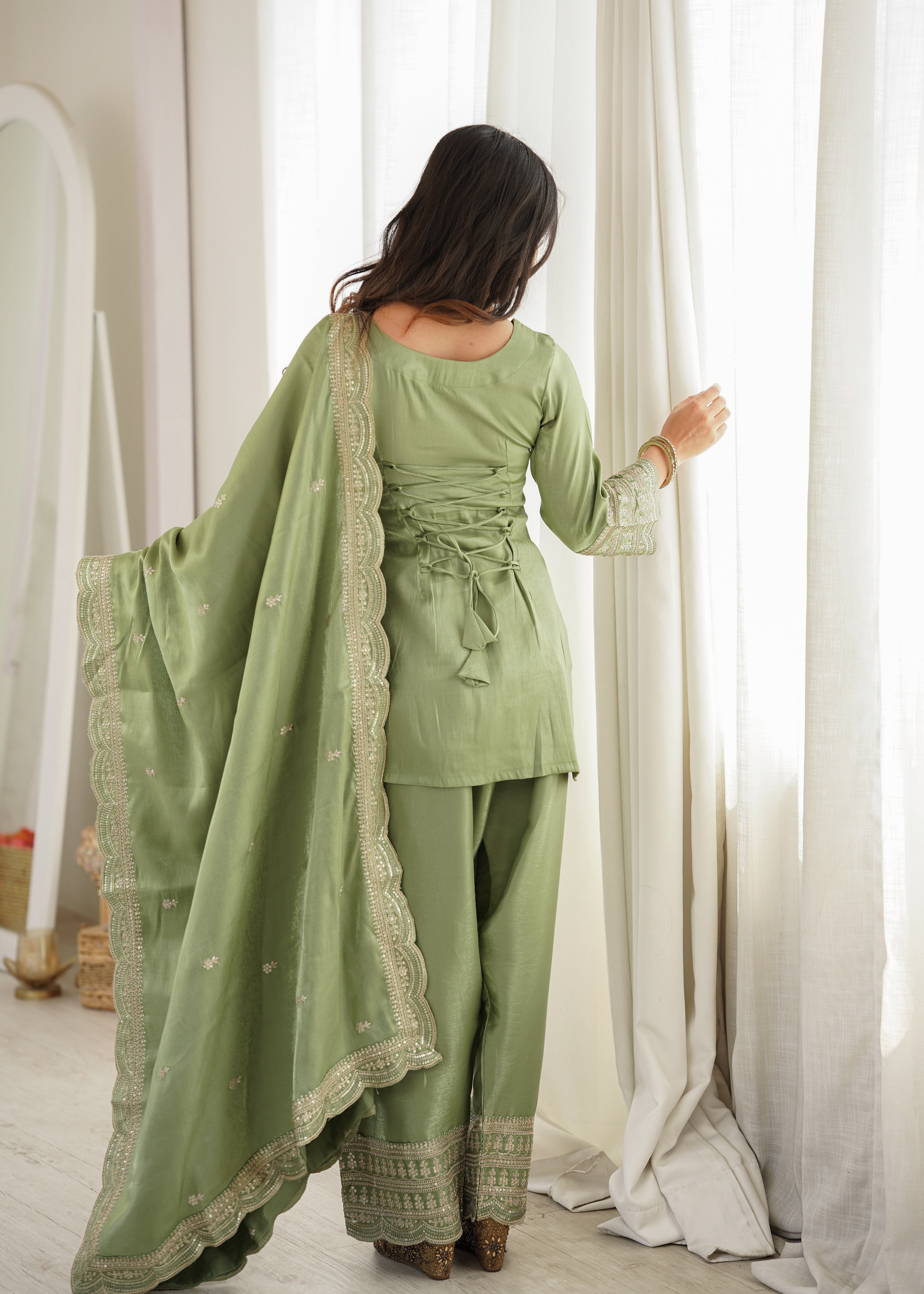 Women's Glass Roman Silk Embroidered Kurta Farshi Shalwar Set with Dupatta