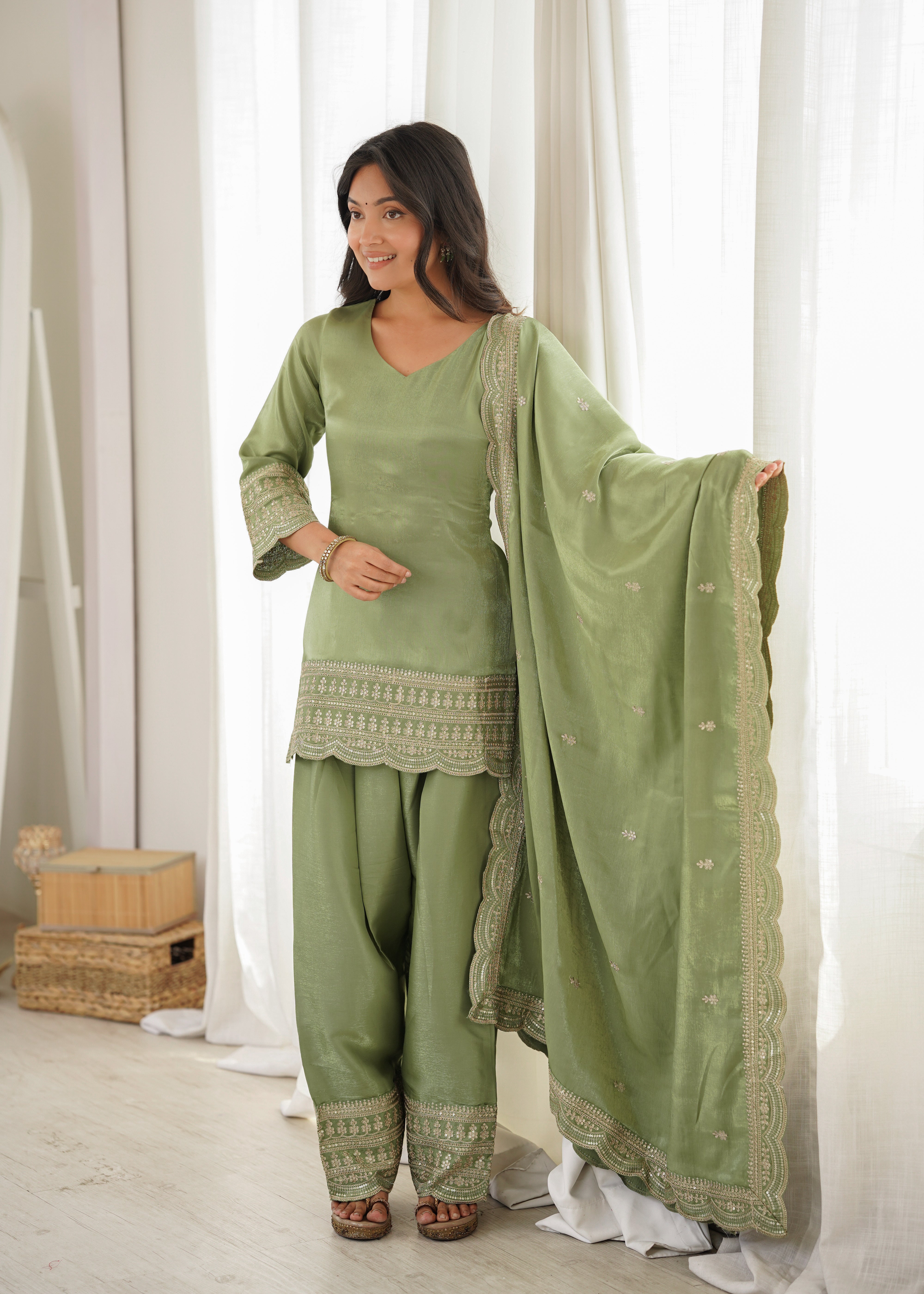 Women's Glass Roman Silk Embroidered Kurta Farshi Shalwar Set with Dupatta