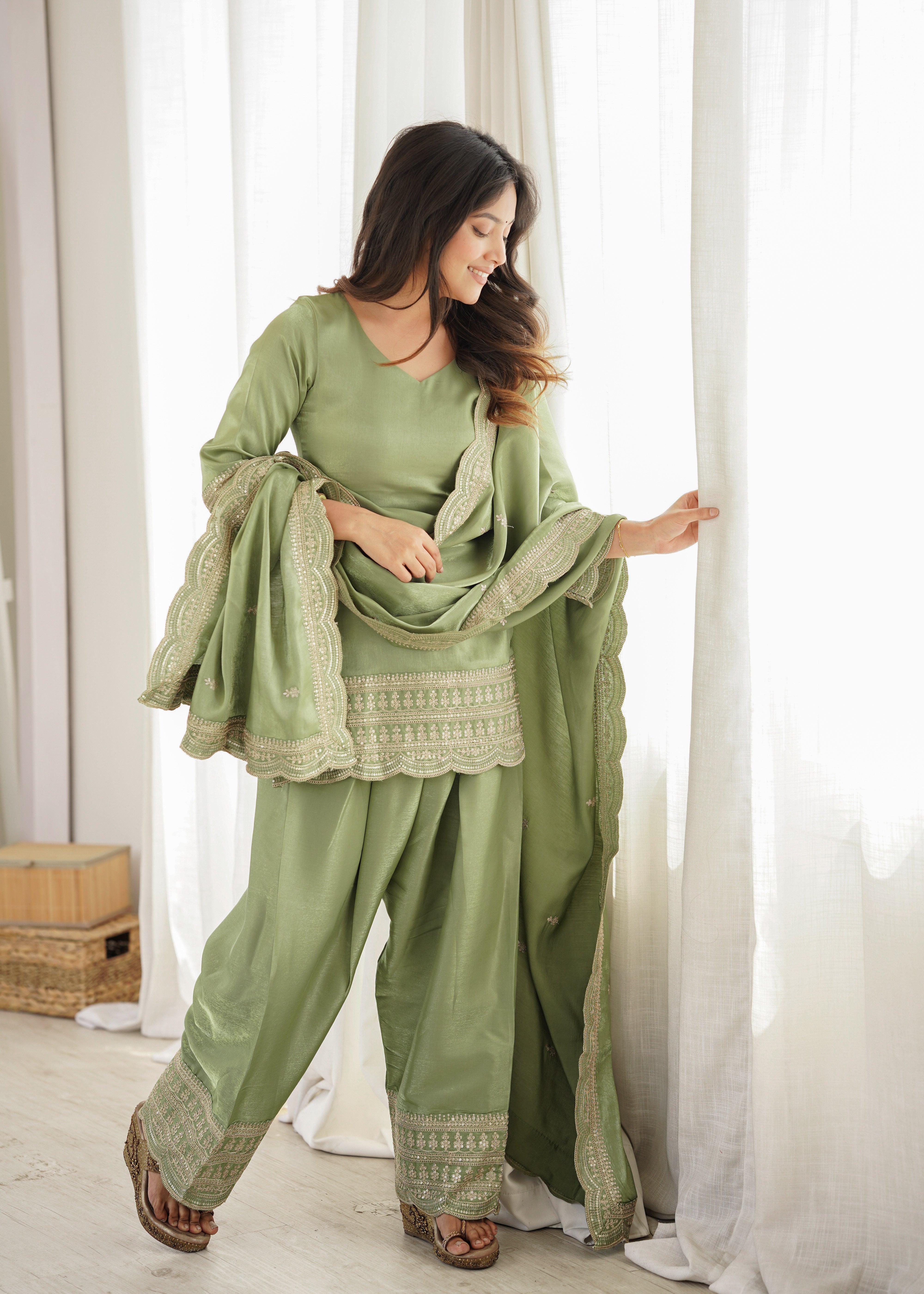 Women's Glass Roman Silk Embroidered Kurta Farshi Shalwar Set with Dupatta
