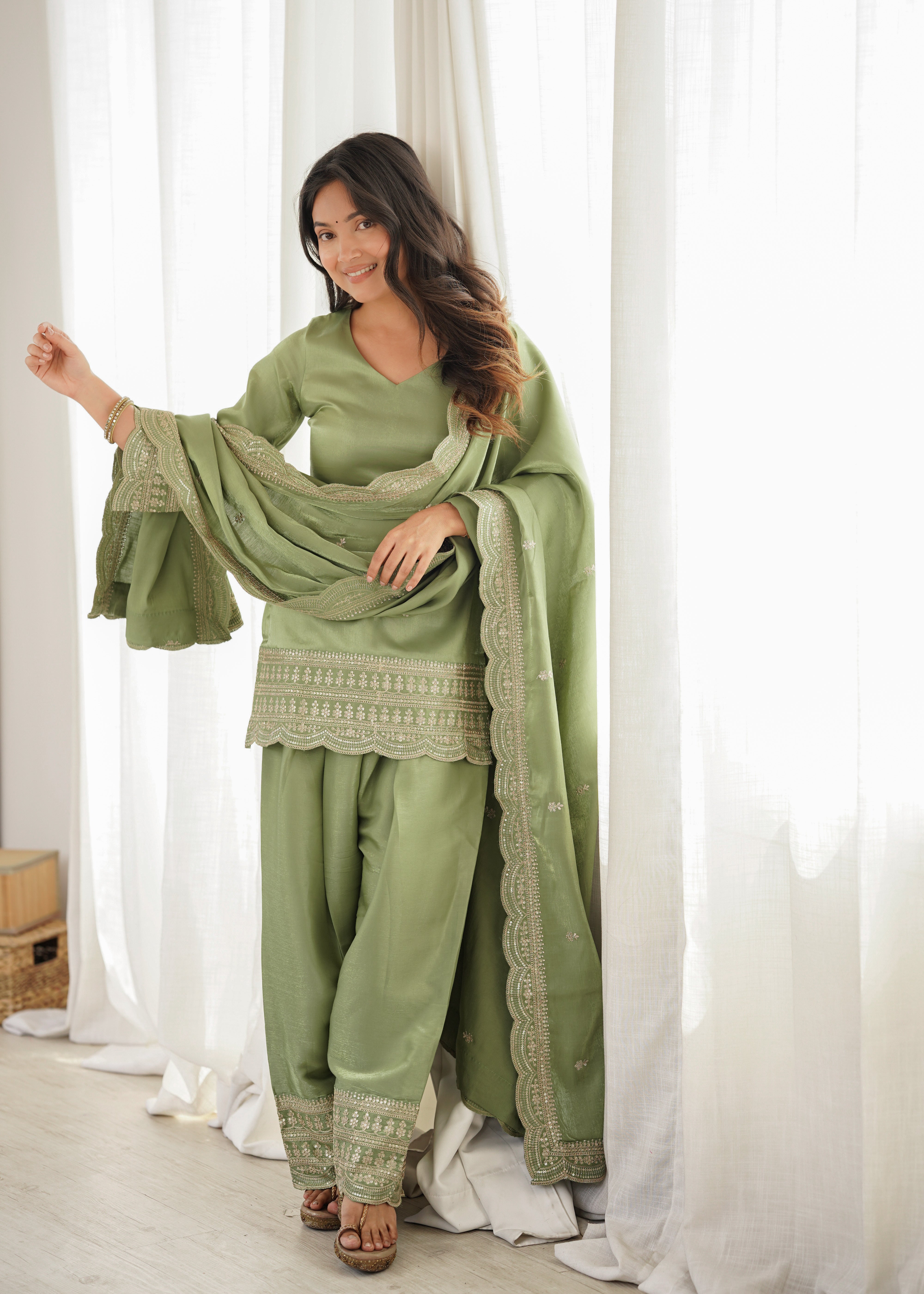 Women's Glass Roman Silk Embroidered Kurta Farshi Shalwar Set with Dupatta