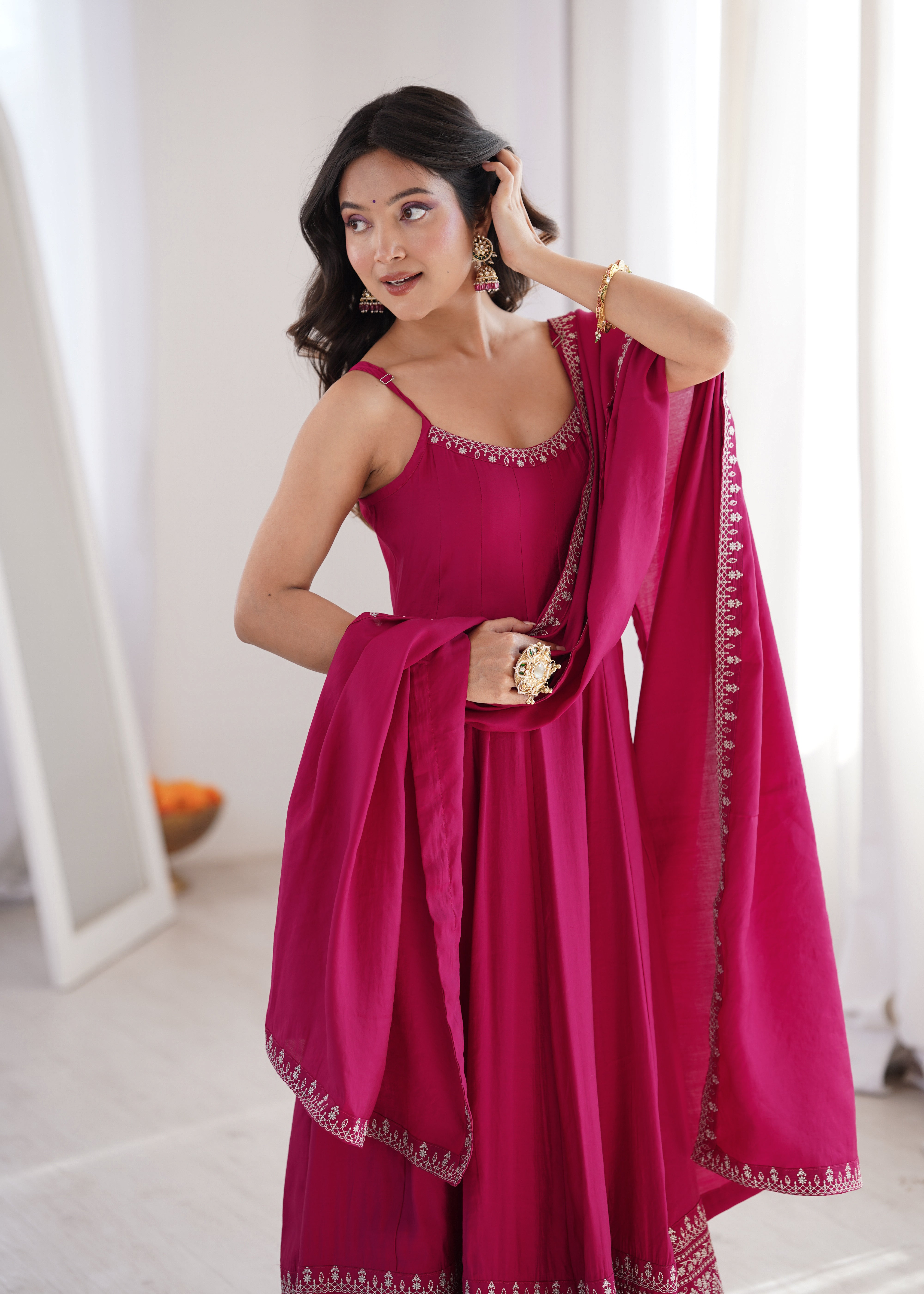 Women's Pure Roman Silk Chanderi Flared Anarkali Suit Set with Pant and Dupatta