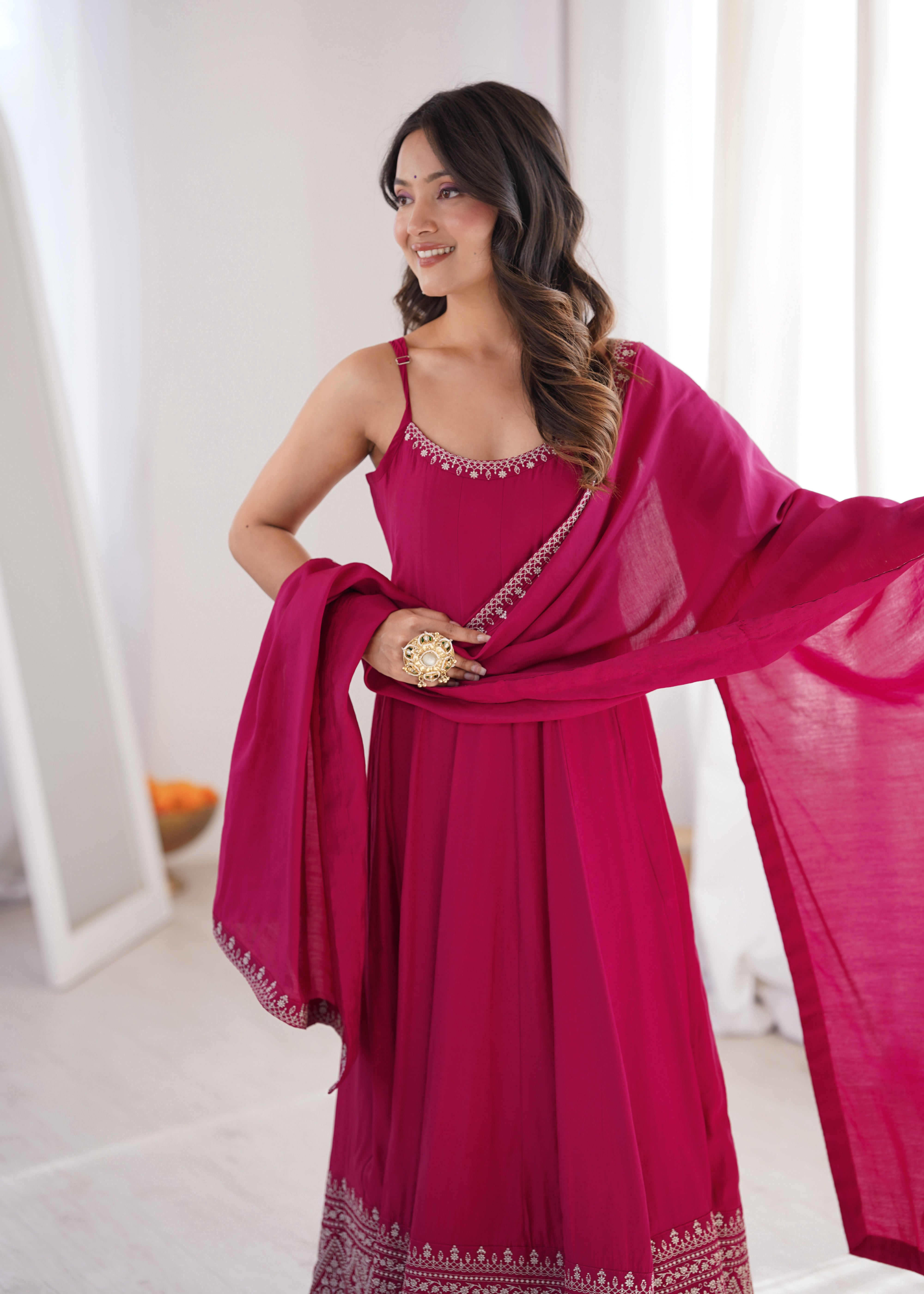 Women's Pure Roman Silk Chanderi Flared Anarkali Suit Set with Pant and Dupatta