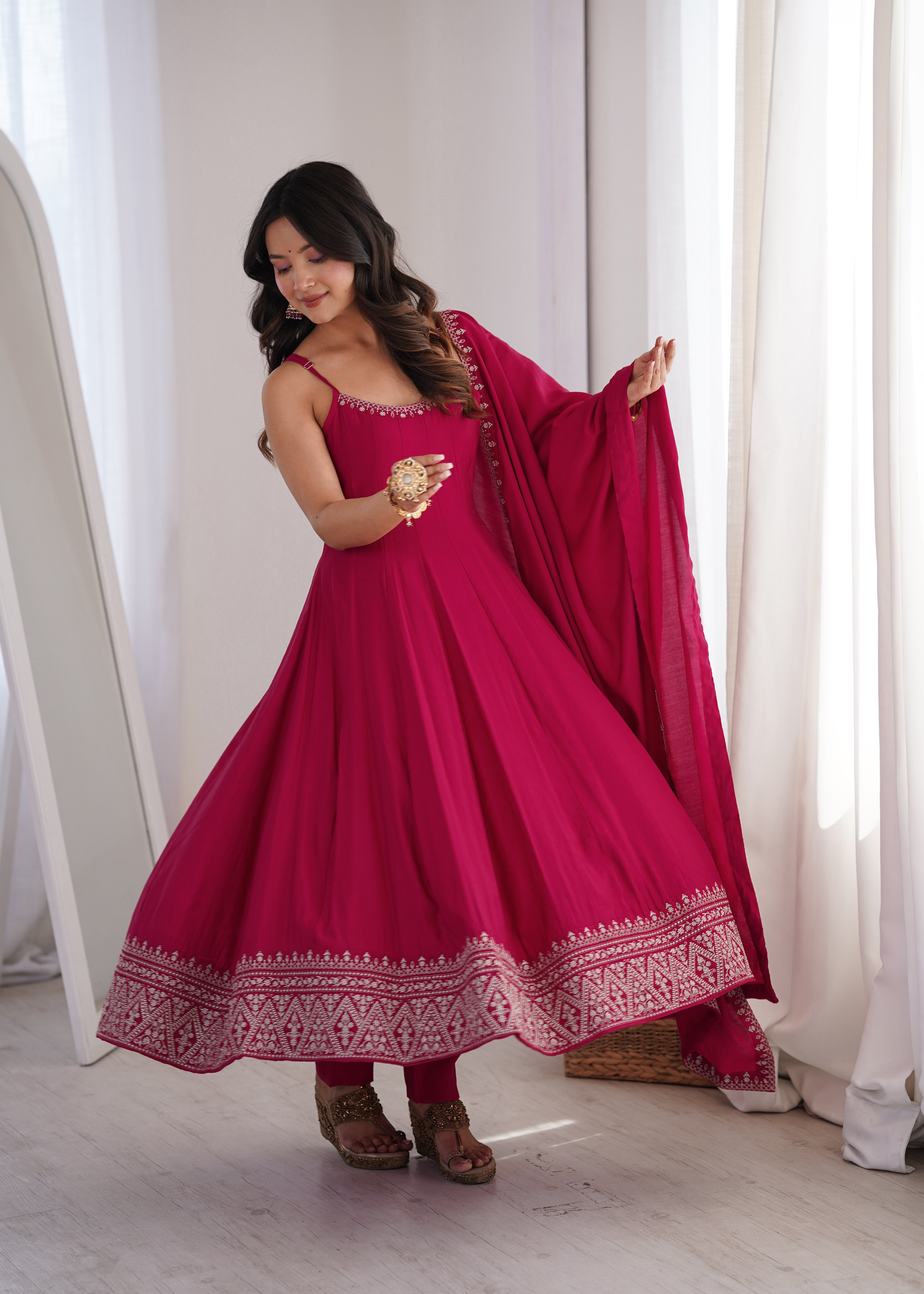 Women's Pure Roman Silk Chanderi Flared Anarkali Suit Set with Pant and Dupatta