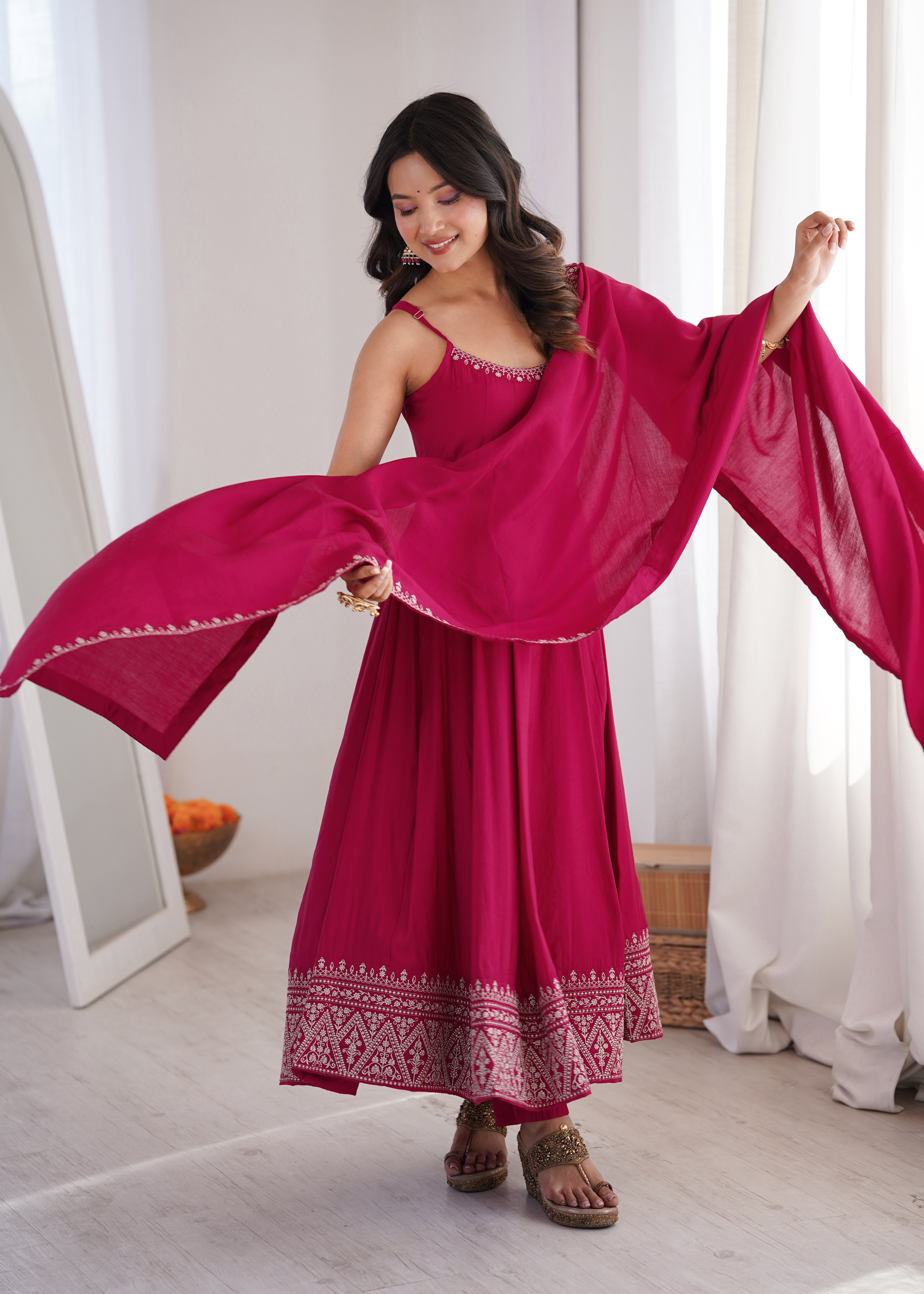 Women's Pure Roman Silk Chanderi Flared Anarkali Suit Set with Pant and Dupatta