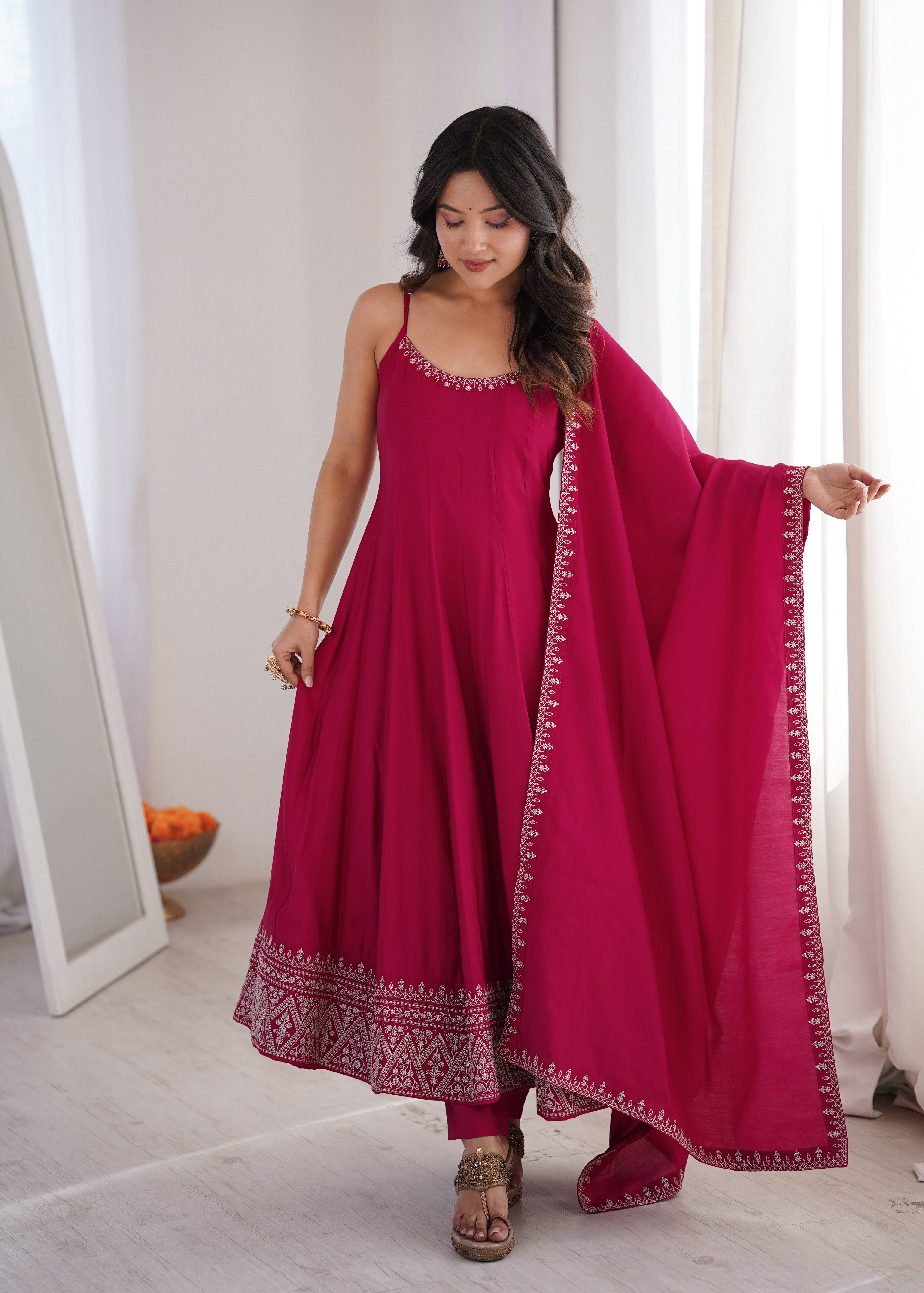Women's Pure Roman Silk Chanderi Flared Anarkali Suit Set with Pant and Dupatta