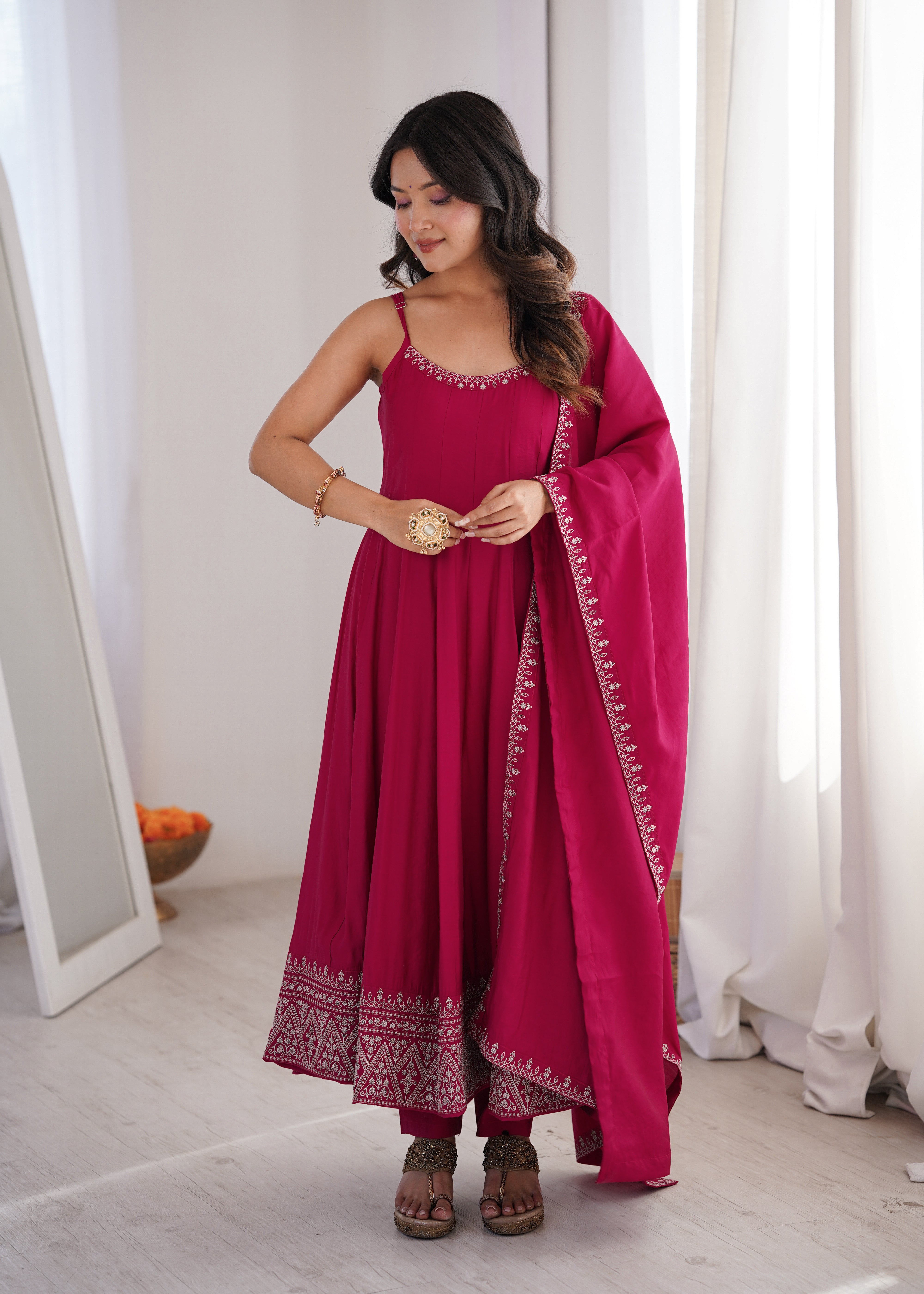 Women's Pure Roman Silk Chanderi Flared Anarkali Suit Set with Pant and Dupatta