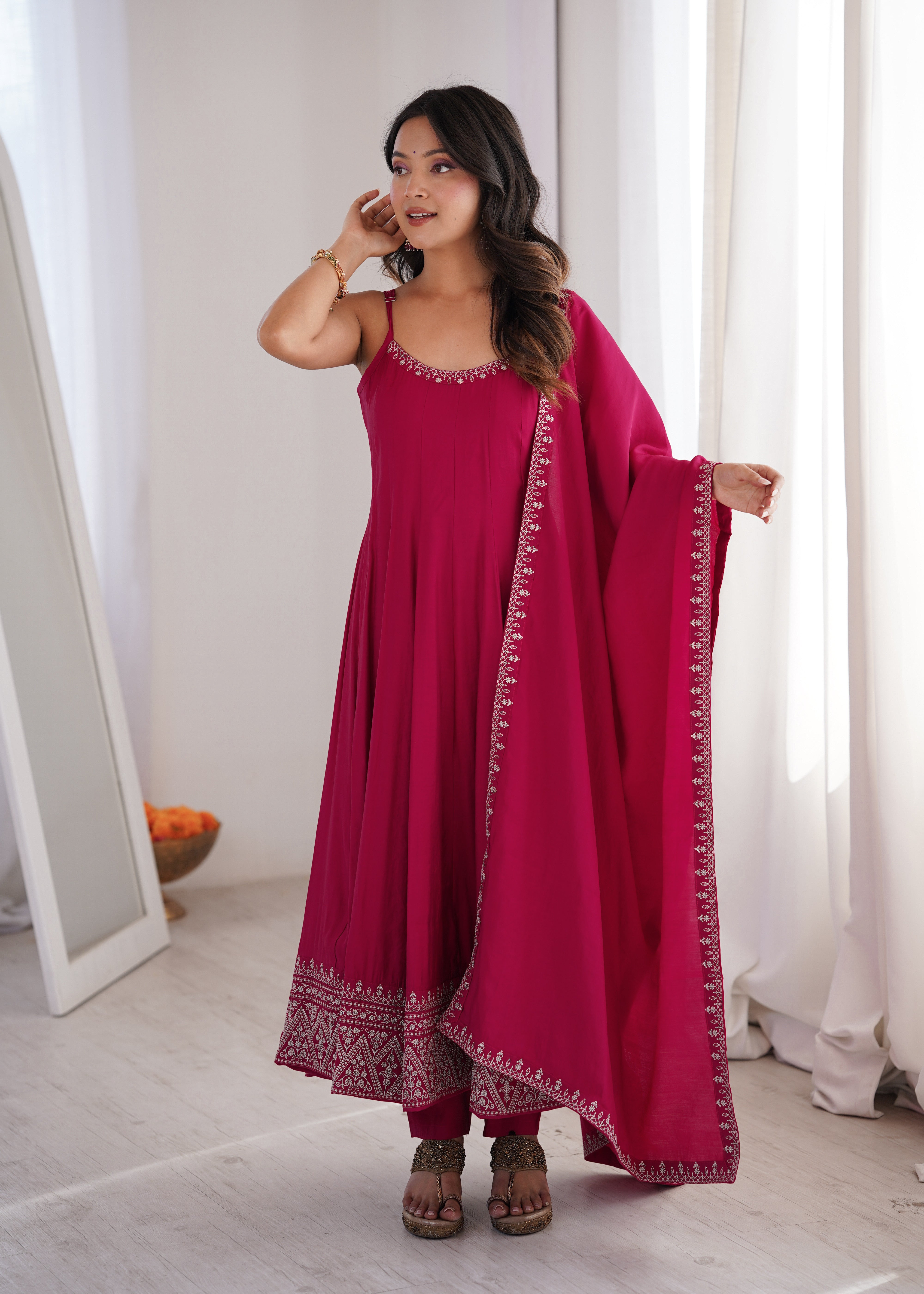 Women's Pure Roman Silk Chanderi Flared Anarkali Suit Set with Pant and Dupatta