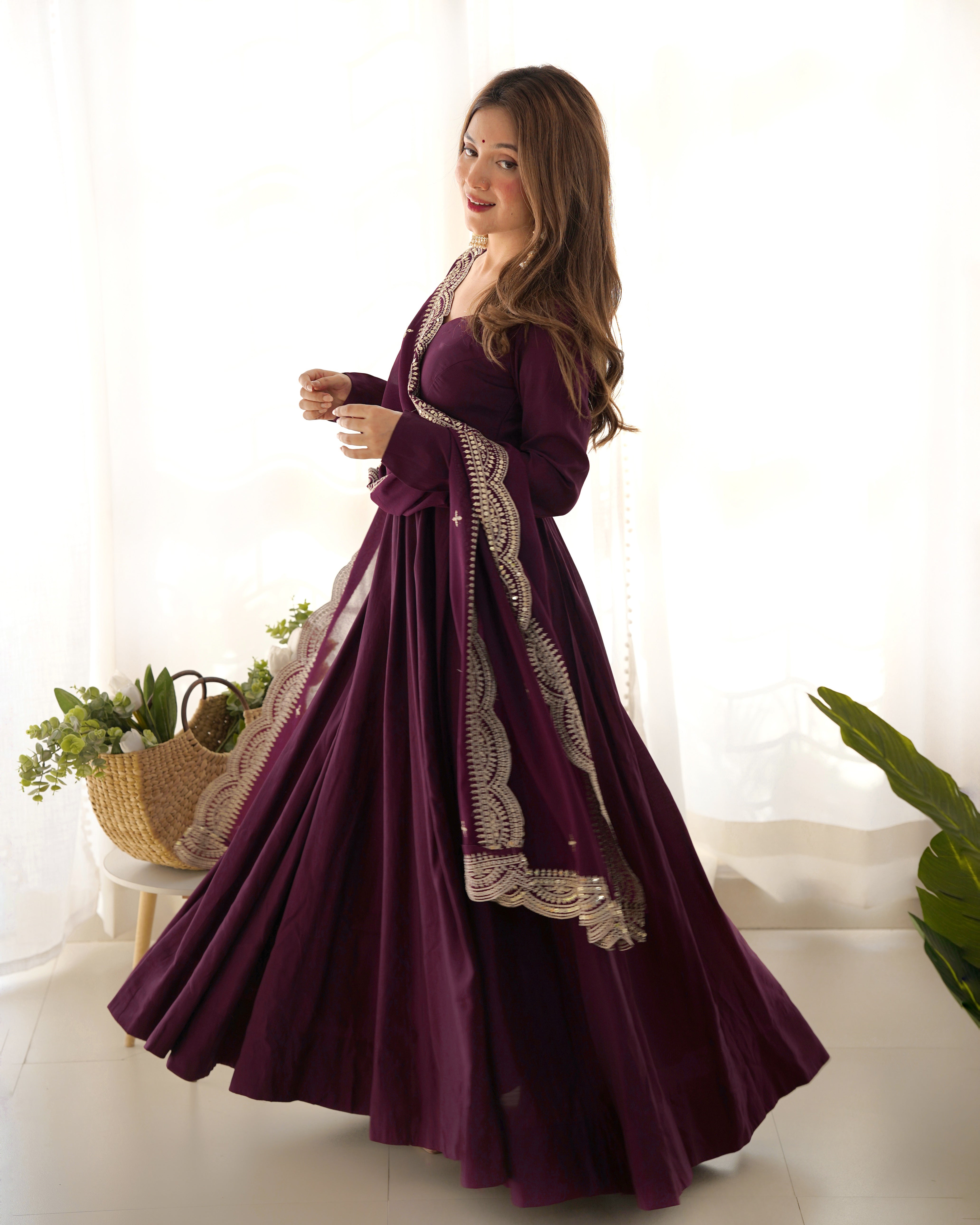 Roman Silk Chanderi Flared Anarkali Suit Set with Dupatta and Pant