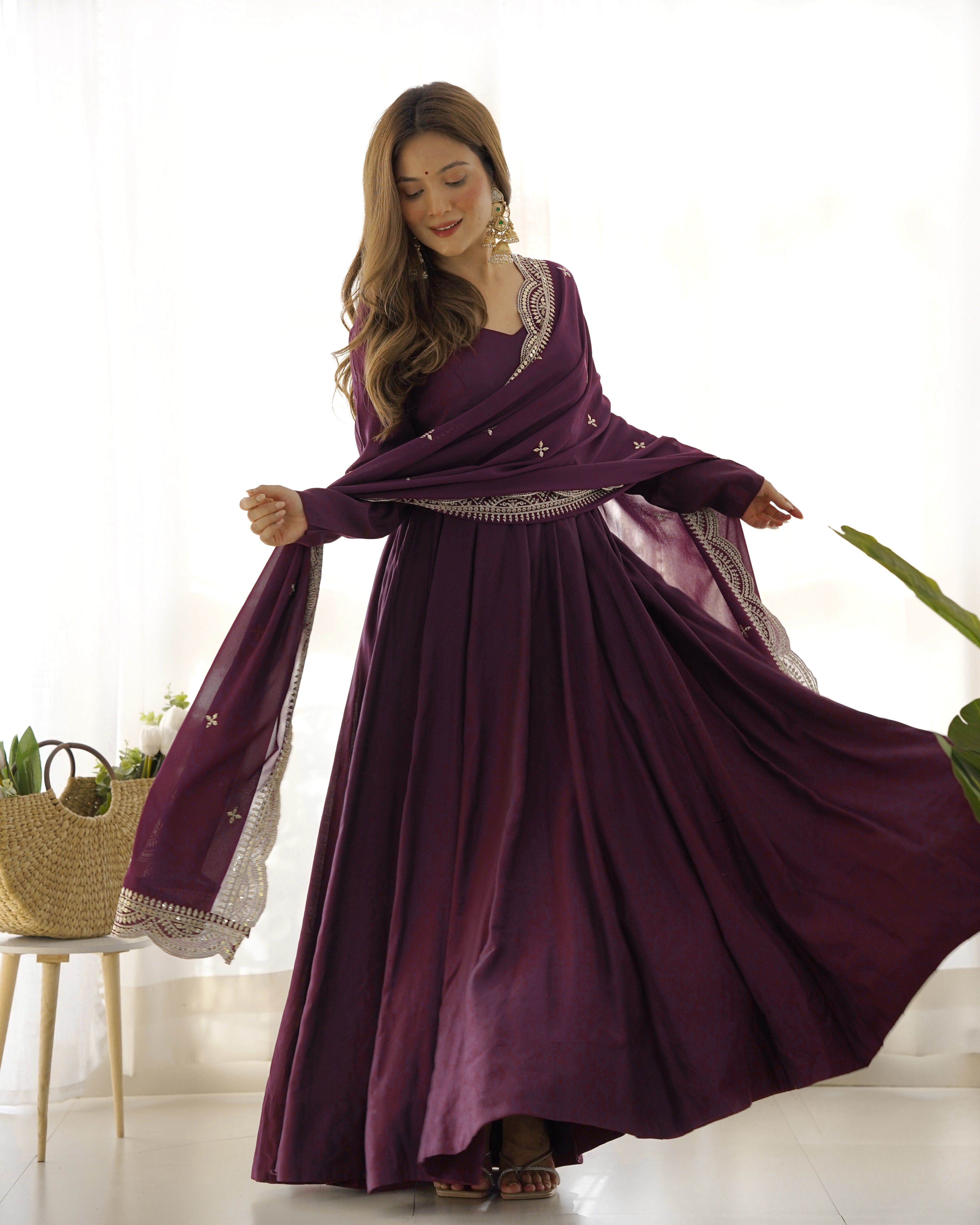 Roman Silk Chanderi Flared Anarkali Suit Set with Dupatta and Pant