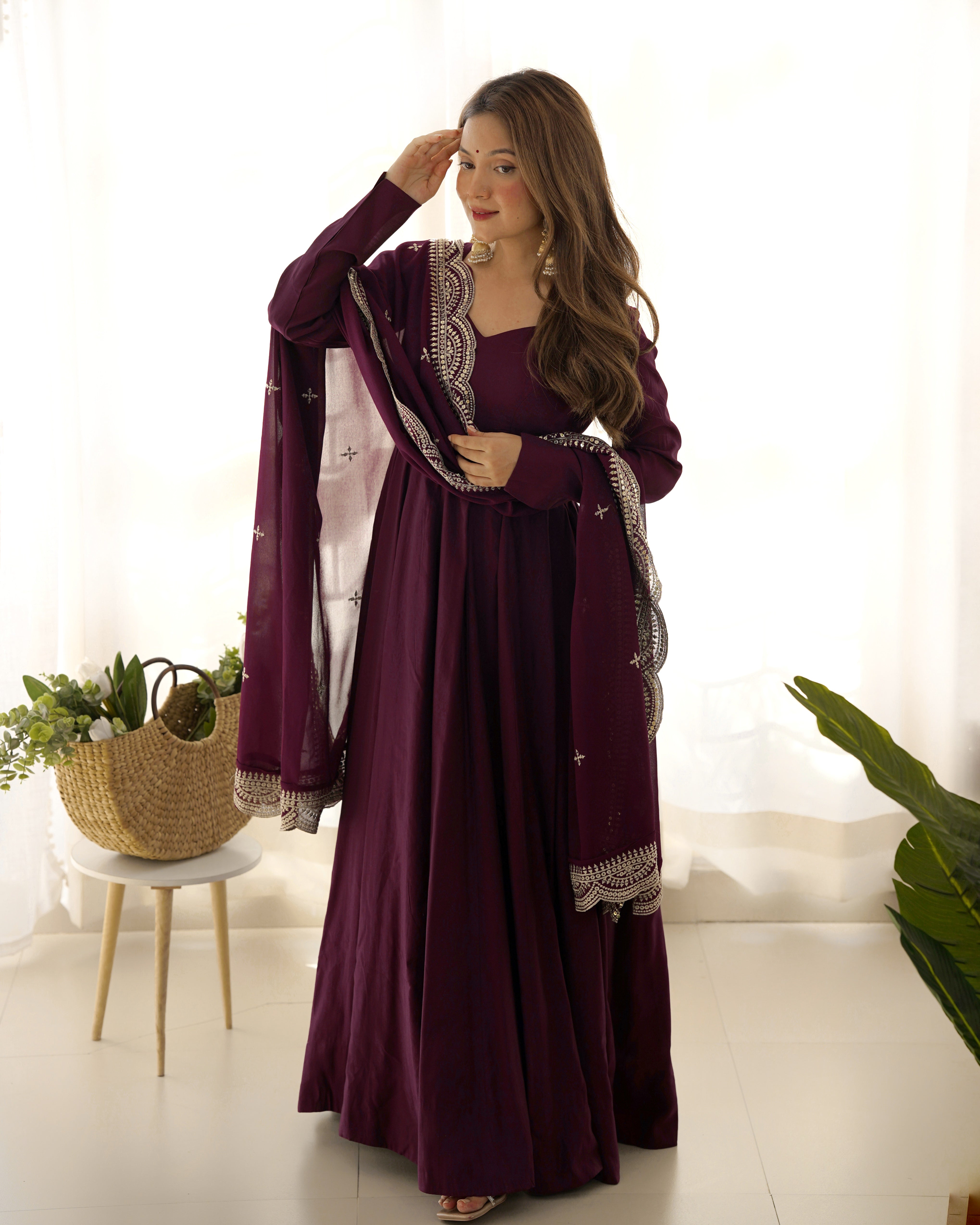 Roman Silk Chanderi Flared Anarkali Suit Set with Dupatta and Pant