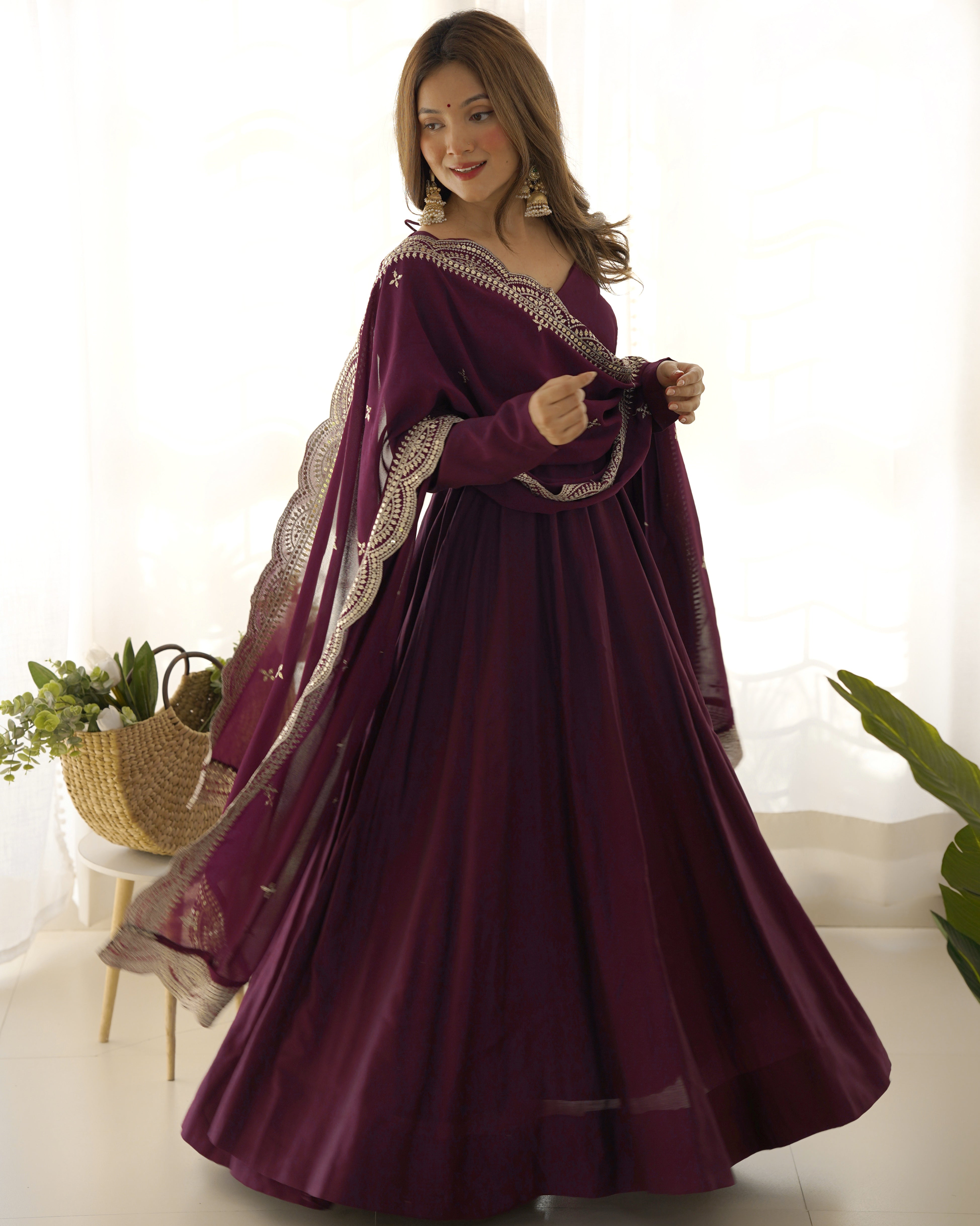 Roman Silk Chanderi Flared Anarkali Suit Set with Dupatta and Pant