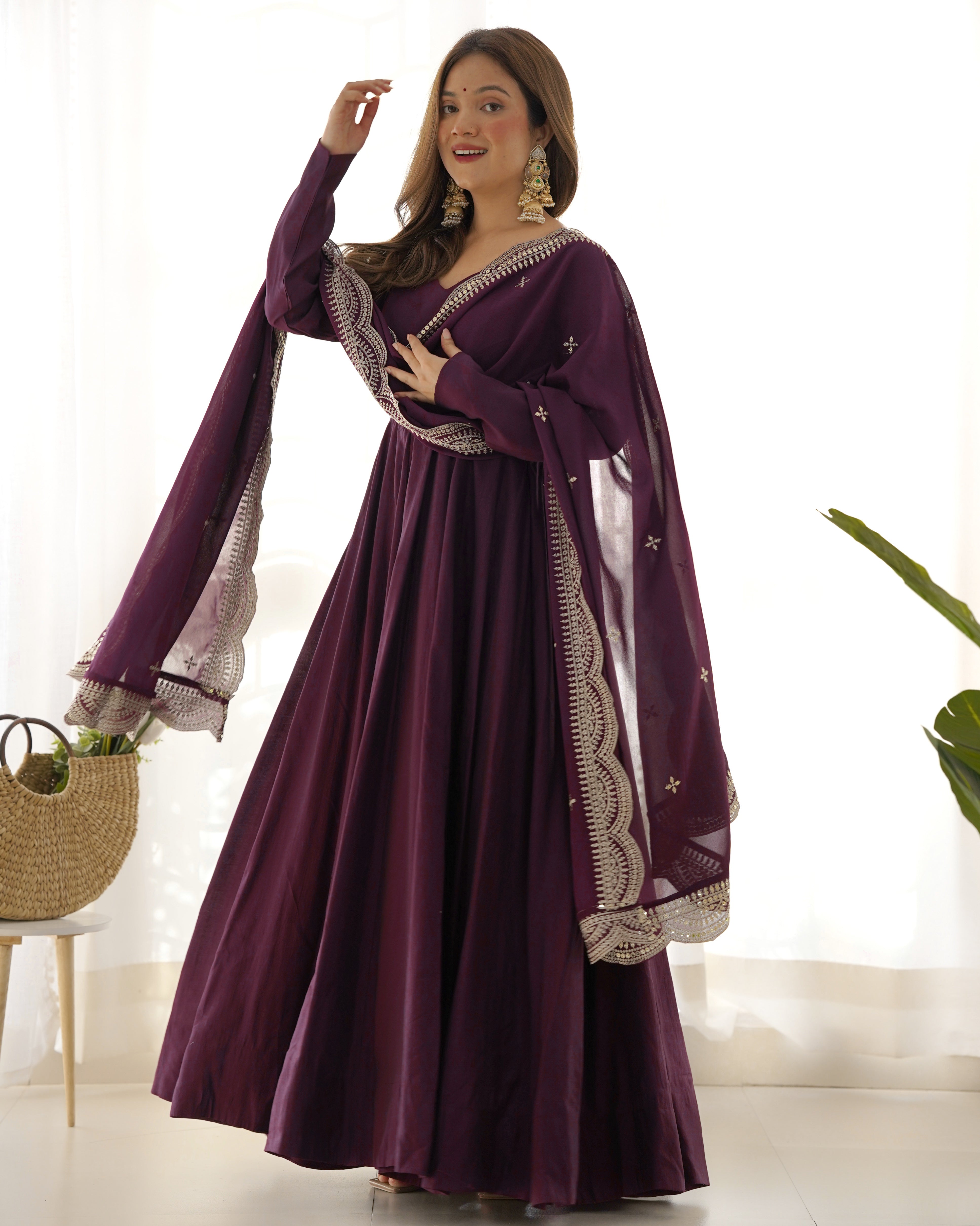Roman Silk Chanderi Flared Anarkali Suit Set with Dupatta and Pant