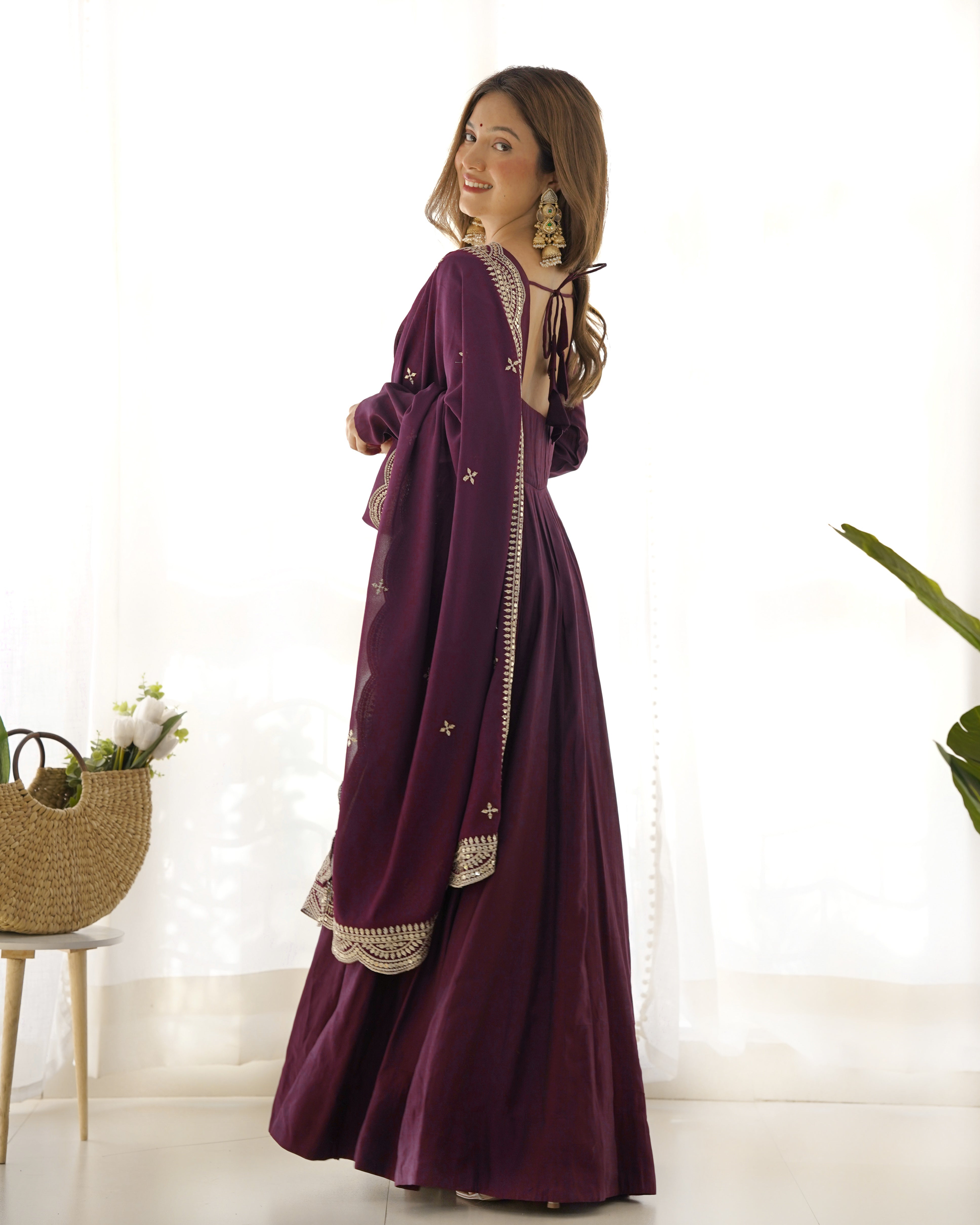 Roman Silk Chanderi Flared Anarkali Suit Set with Dupatta and Pant