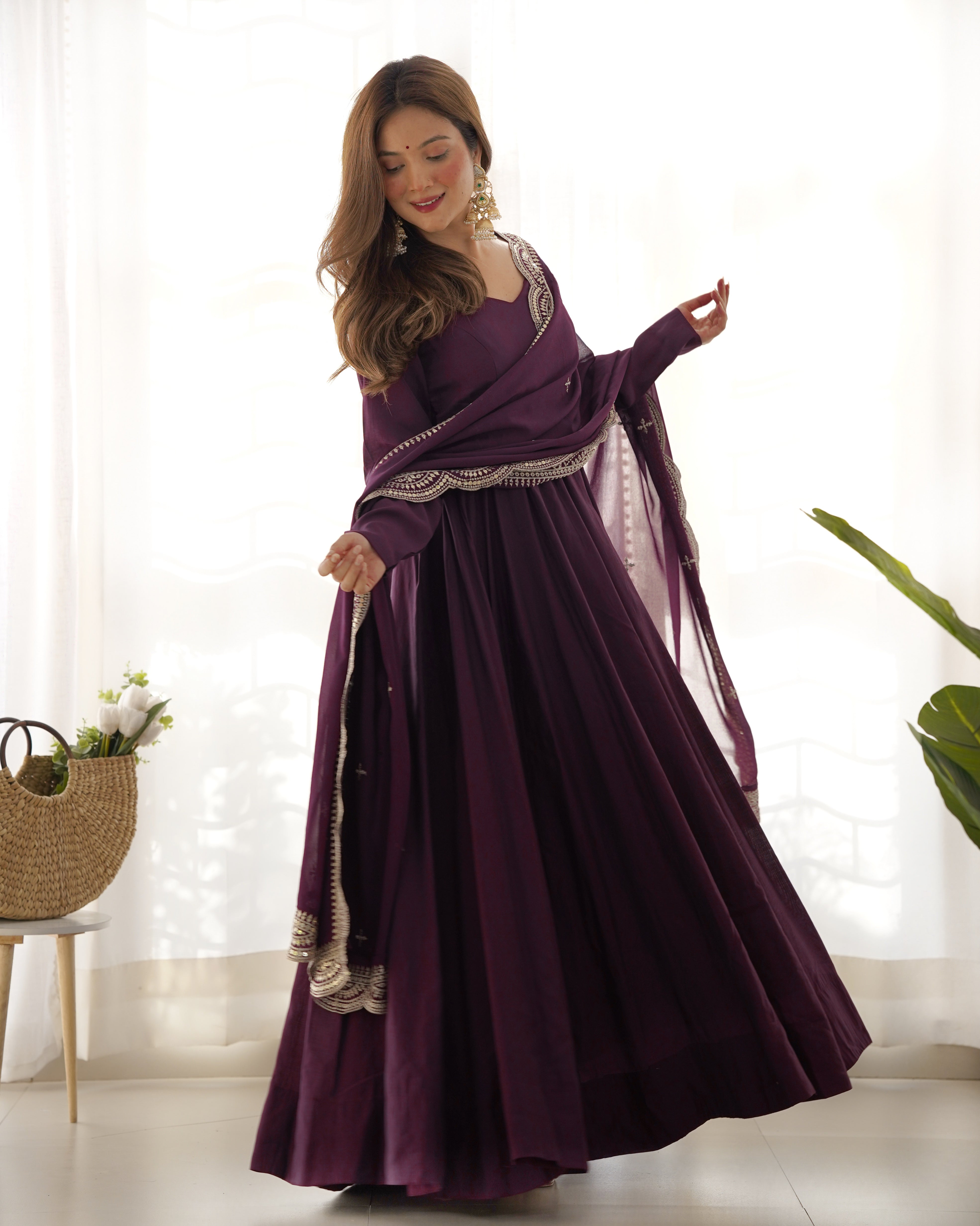 Roman Silk Chanderi Flared Anarkali Suit Set with Dupatta and Pant
