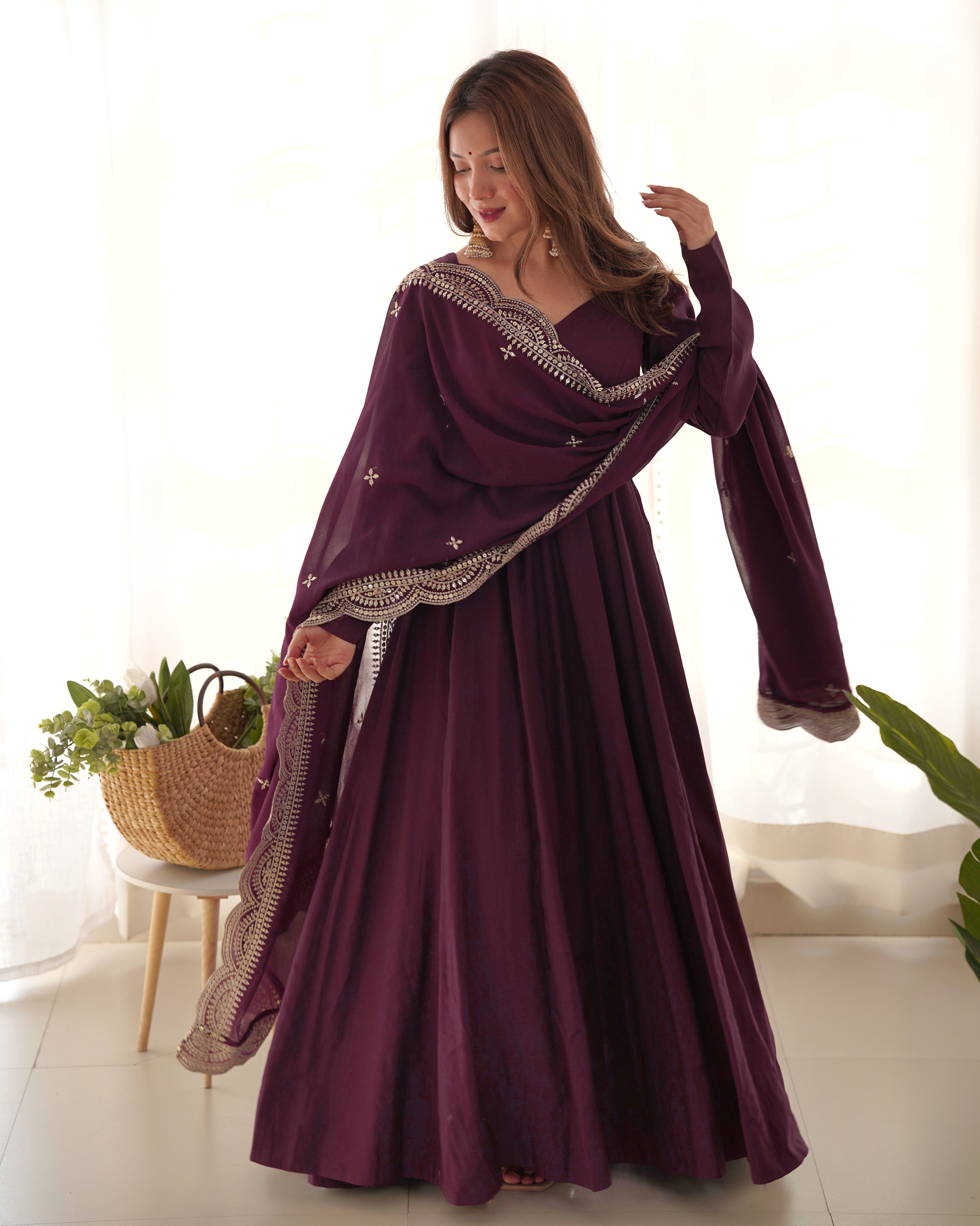 Roman Silk Chanderi Flared Anarkali Suit Set with Dupatta and Pant