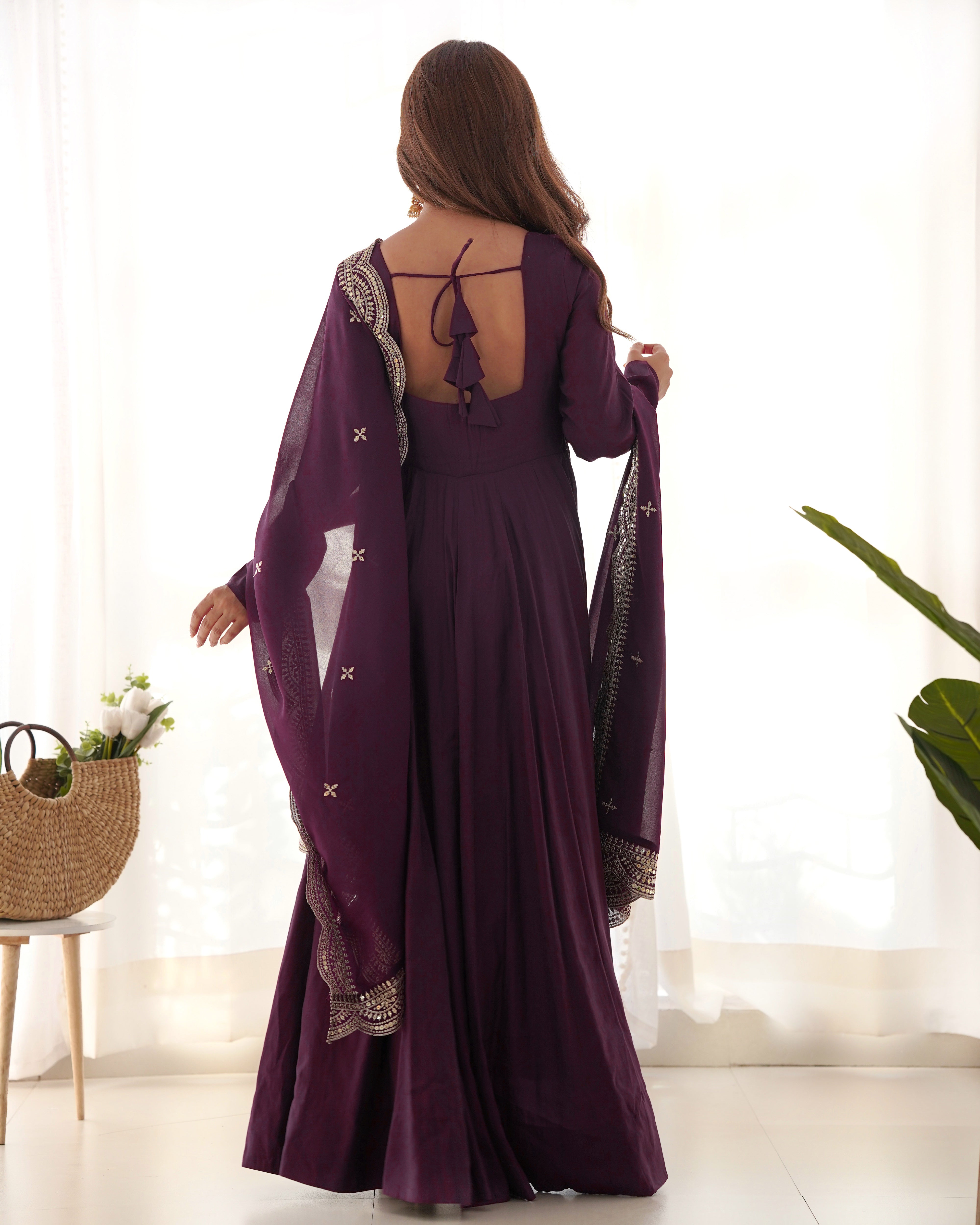 Roman Silk Chanderi Flared Anarkali Suit Set with Dupatta and Pant