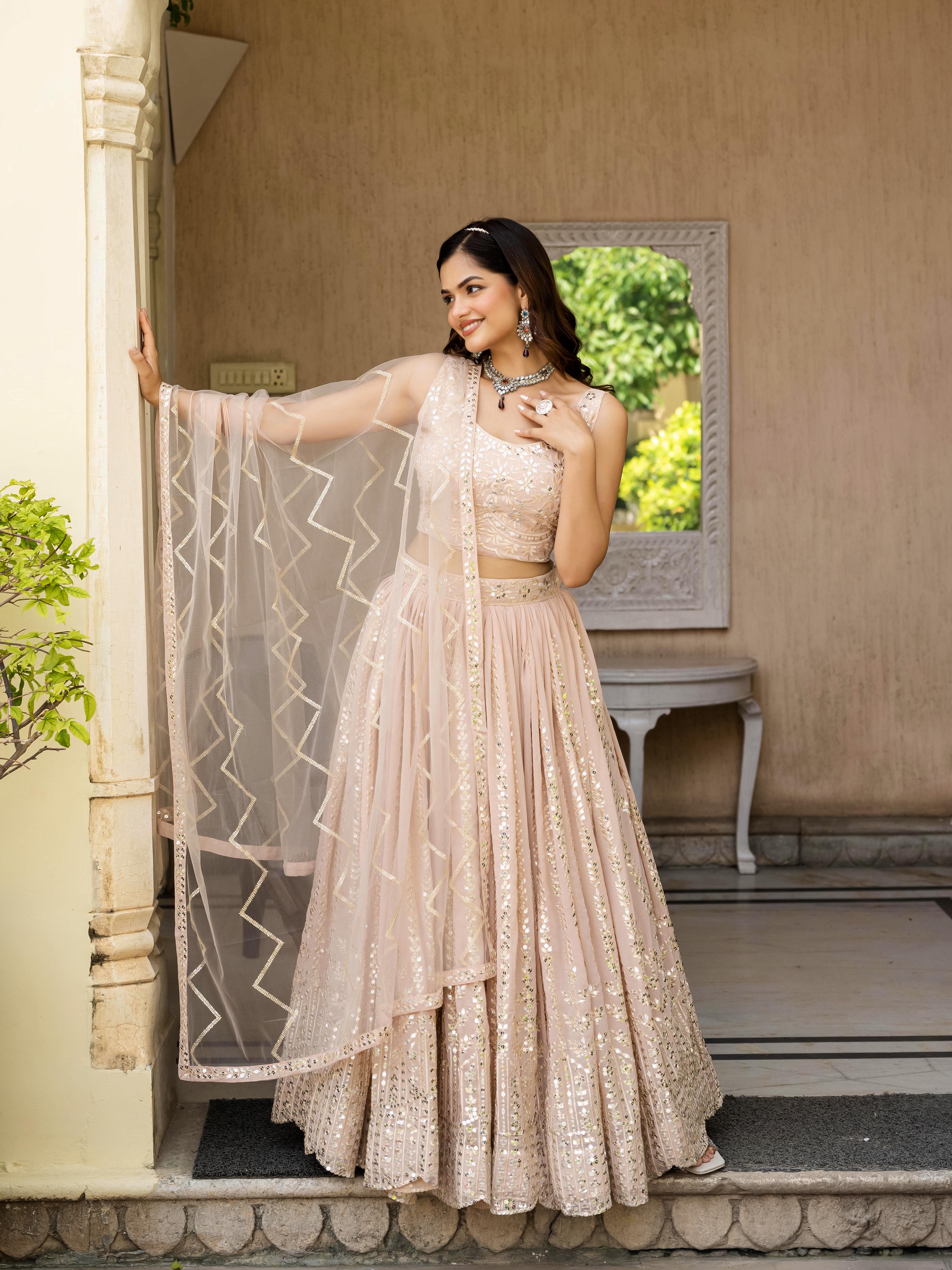 Women's Faux Georgette Embroidered Lehenga Choli Set with Net Dupatta