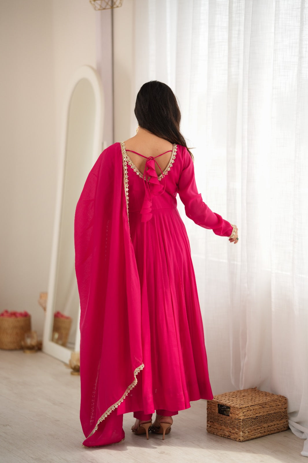 Premium Pure Mal Chanderi Fully Flared Anarkali Suit with Mirror Work Dupatta & Pant