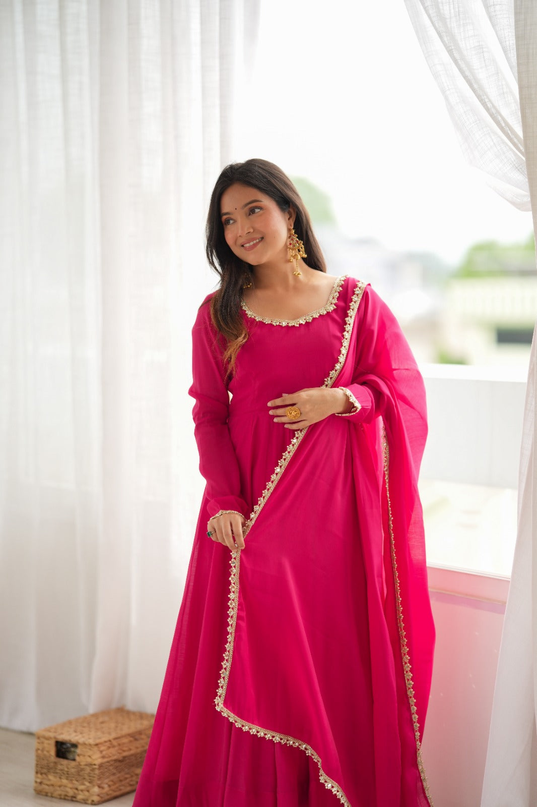 Premium Pure Mal Chanderi Fully Flared Anarkali Suit with Mirror Work Dupatta & Pant