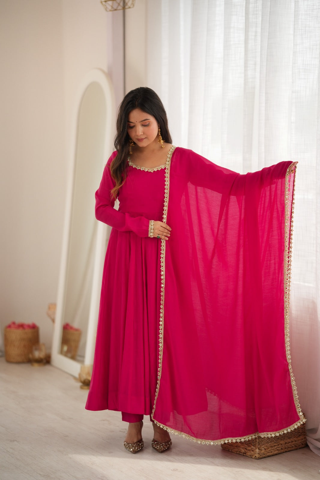Premium Pure Mal Chanderi Fully Flared Anarkali Suit with Mirror Work Dupatta & Pant