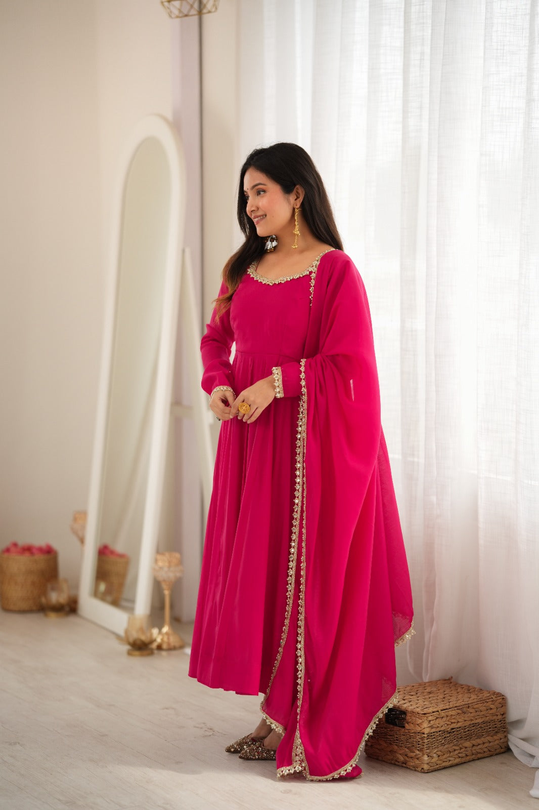 Premium Pure Mal Chanderi Fully Flared Anarkali Suit with Mirror Work Dupatta & Pant