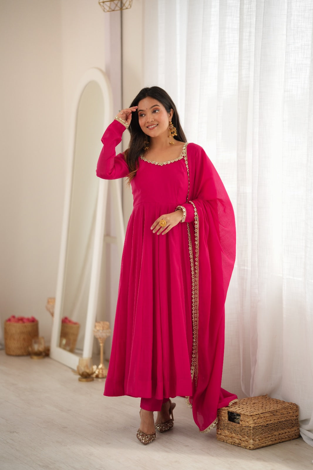 Premium Pure Mal Chanderi Fully Flared Anarkali Suit with Mirror Work Dupatta & Pant
