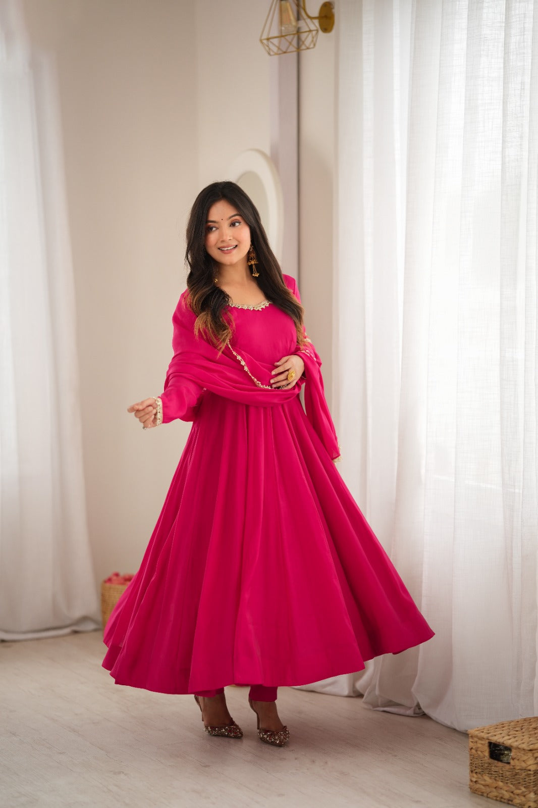 Premium Pure Mal Chanderi Fully Flared Anarkali Suit with Mirror Work Dupatta & Pant