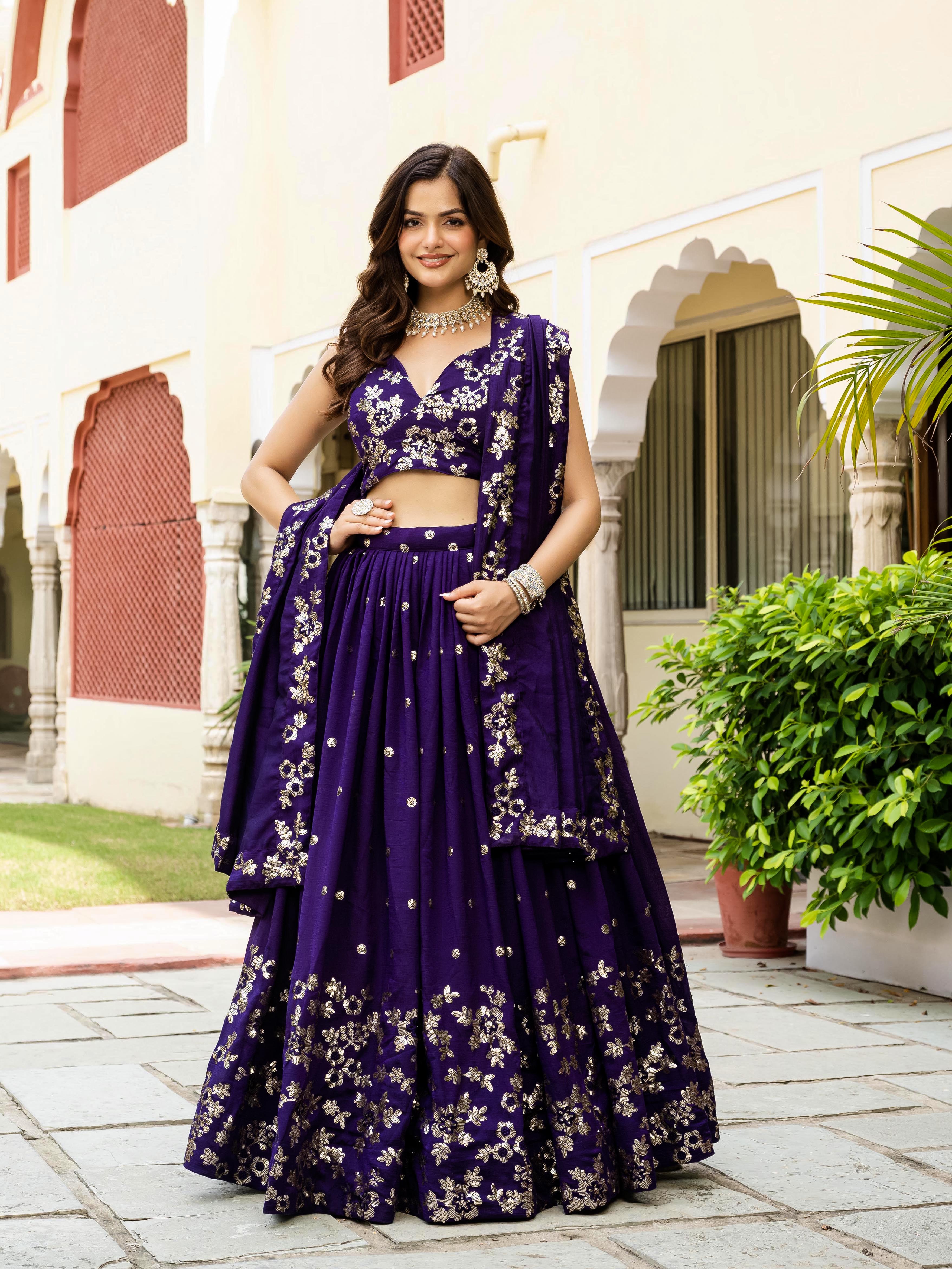 Women's Vichitra Embroidered Semi-Stitched Lehenga Choli with Vichitra Dupatta