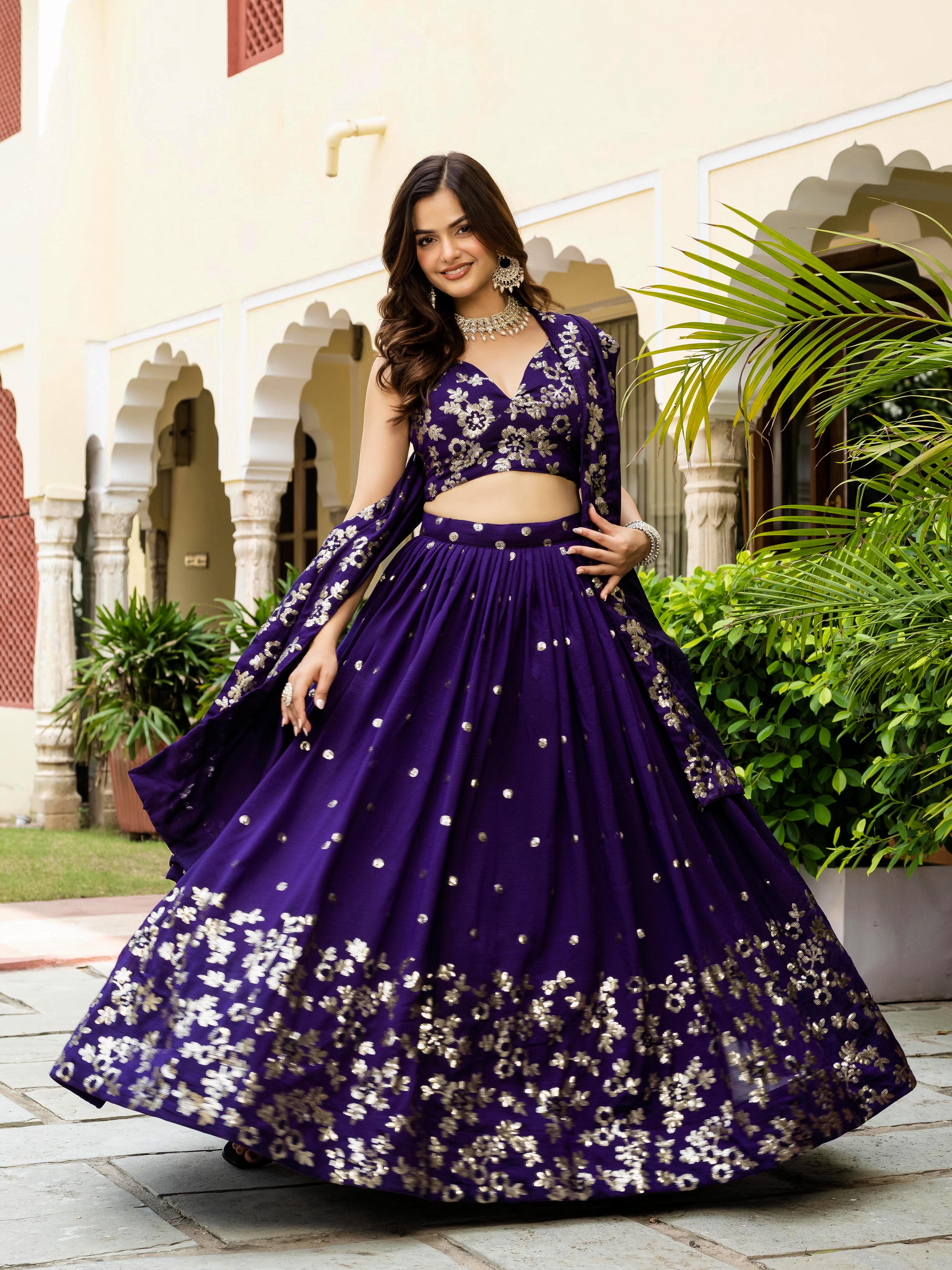 Women's Vichitra Embroidered Semi-Stitched Lehenga Choli with Vichitra Dupatta