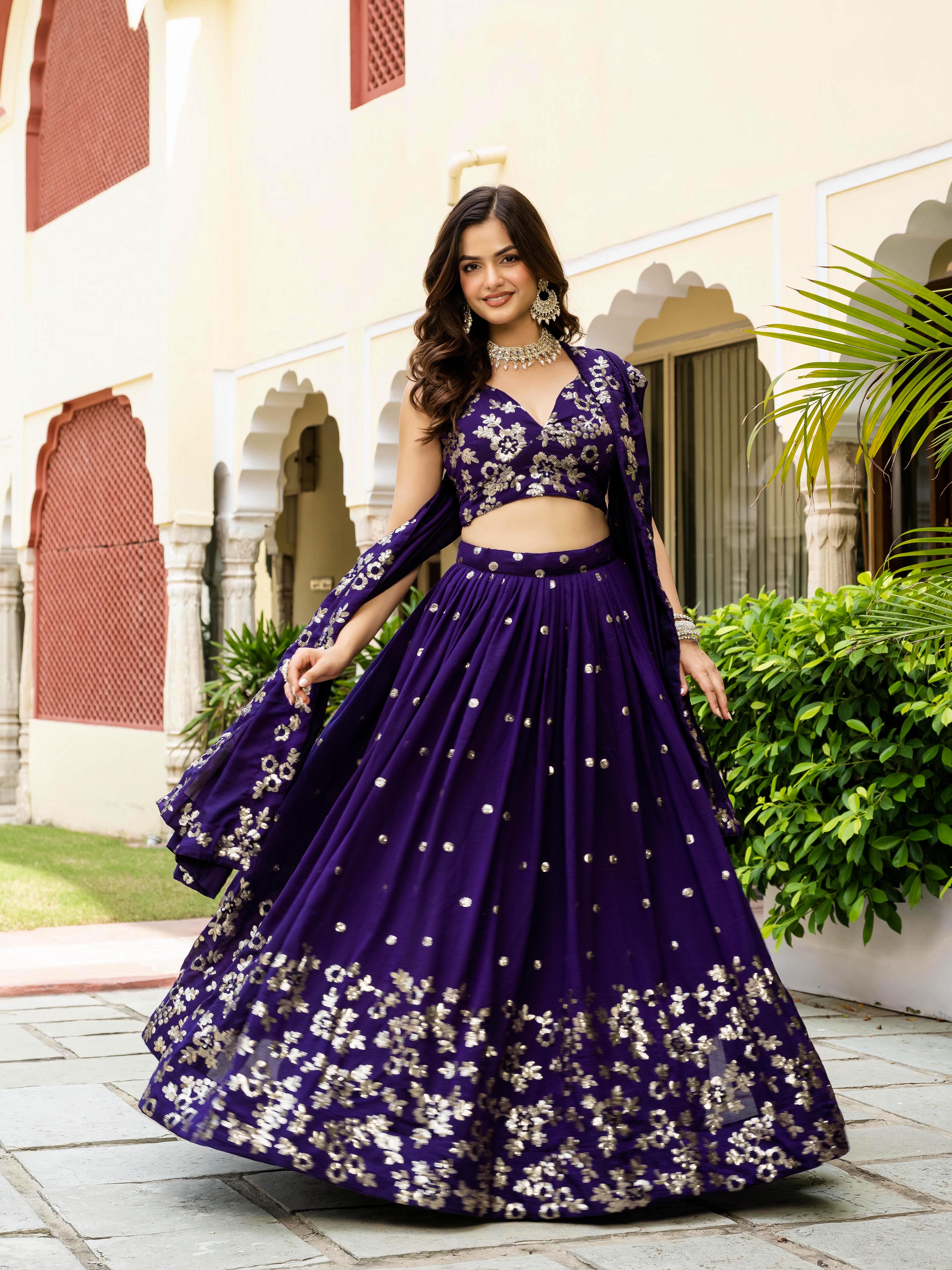 Women's Vichitra Embroidered Semi-Stitched Lehenga Choli with Vichitra Dupatta