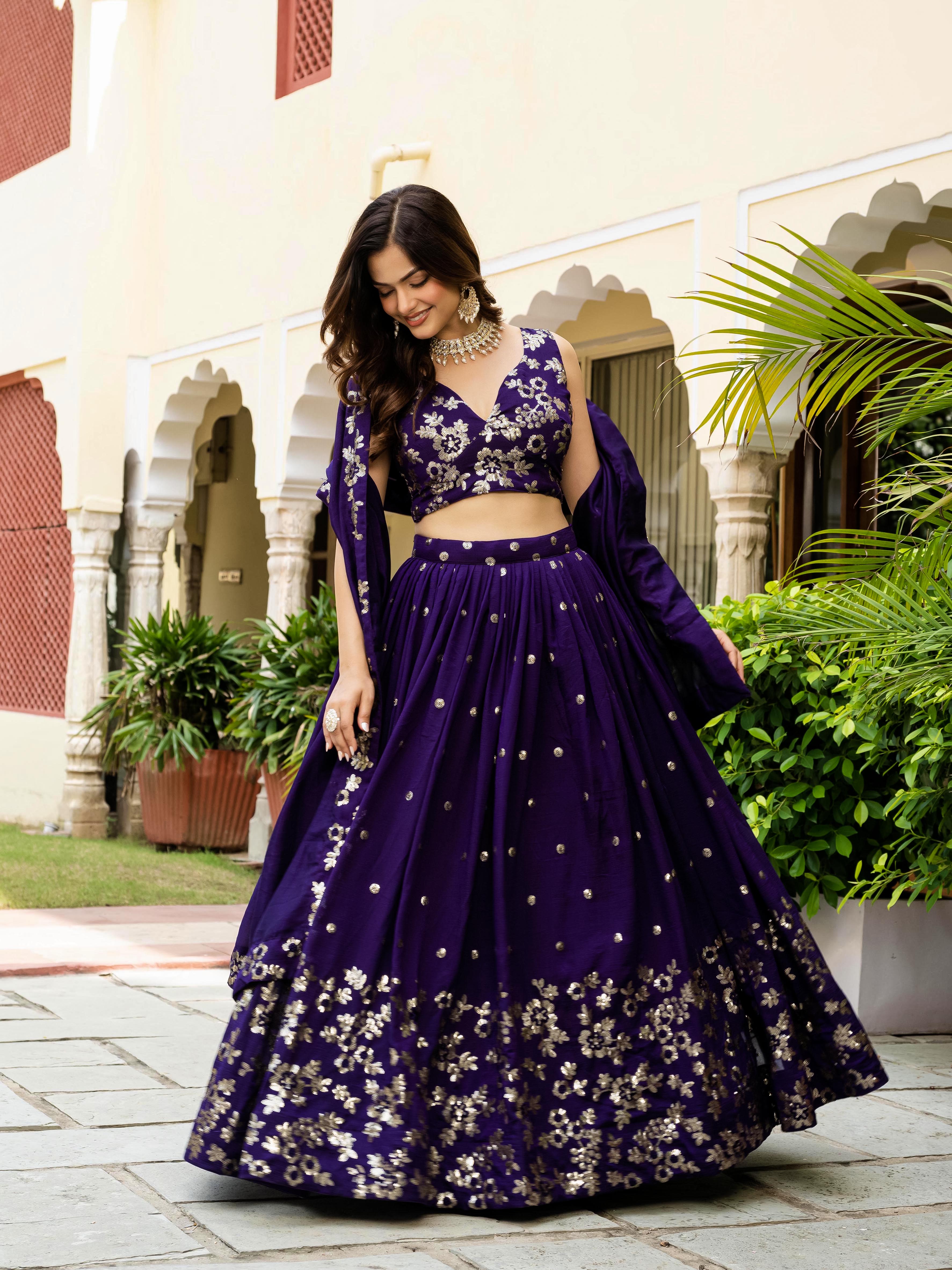 Women's Vichitra Embroidered Semi-Stitched Lehenga Choli with Vichitra Dupatta